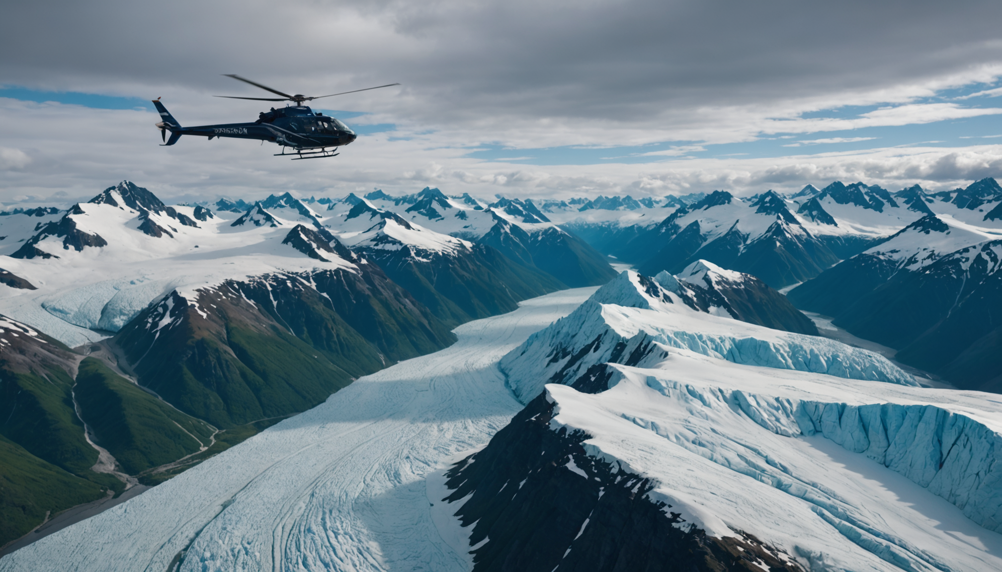 Helicopter flying over Knik Glacier