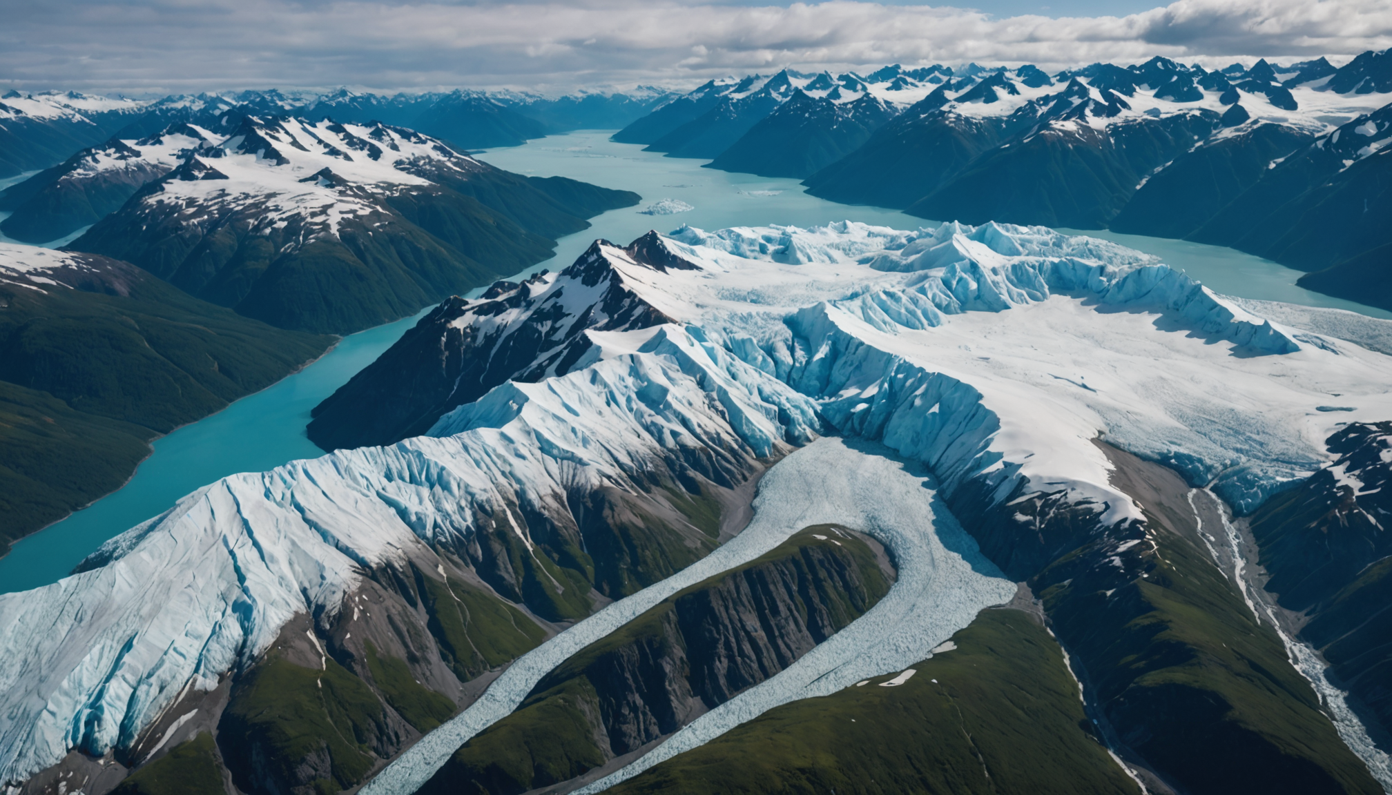 Aerial view of Knik Glacier with helicopter in foreground