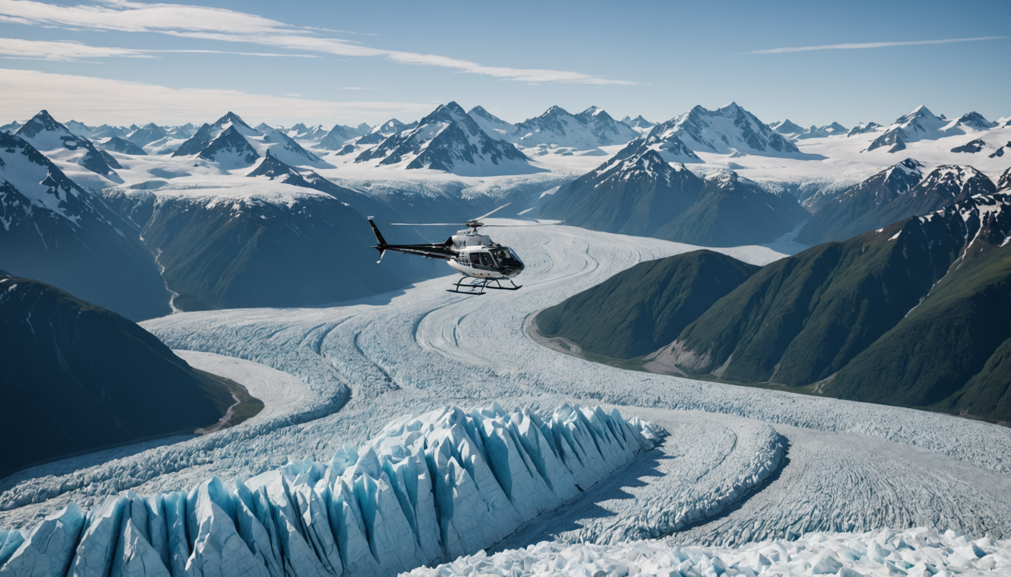 Helicopter flying over Knik Glacier