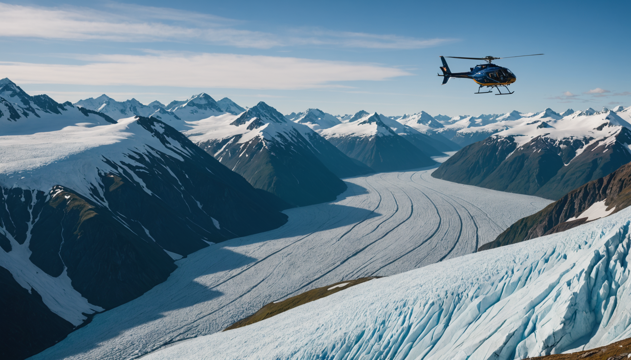 Helicopter flying over Knik Glacier