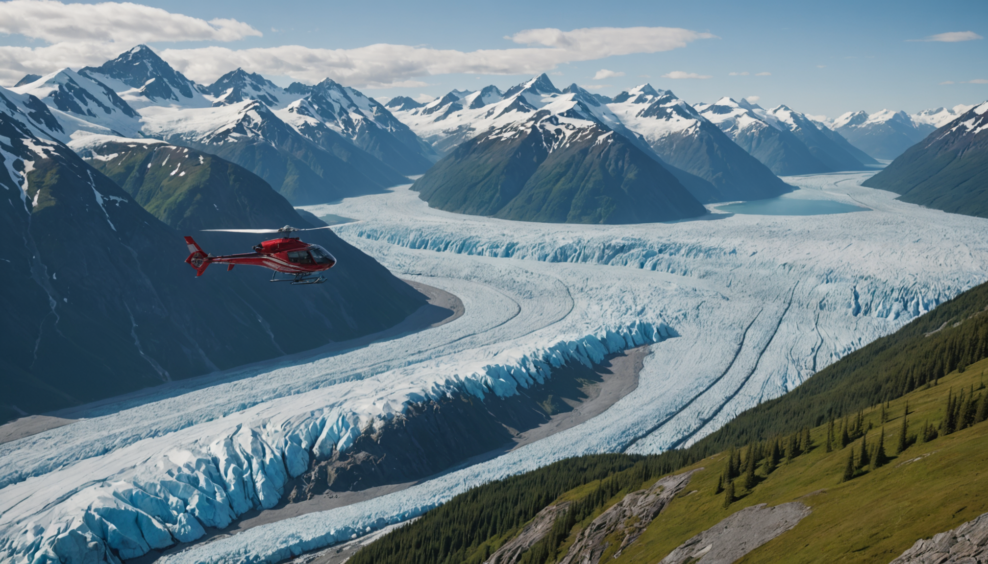 Helicopter flying over Knik Glacier, Alaska