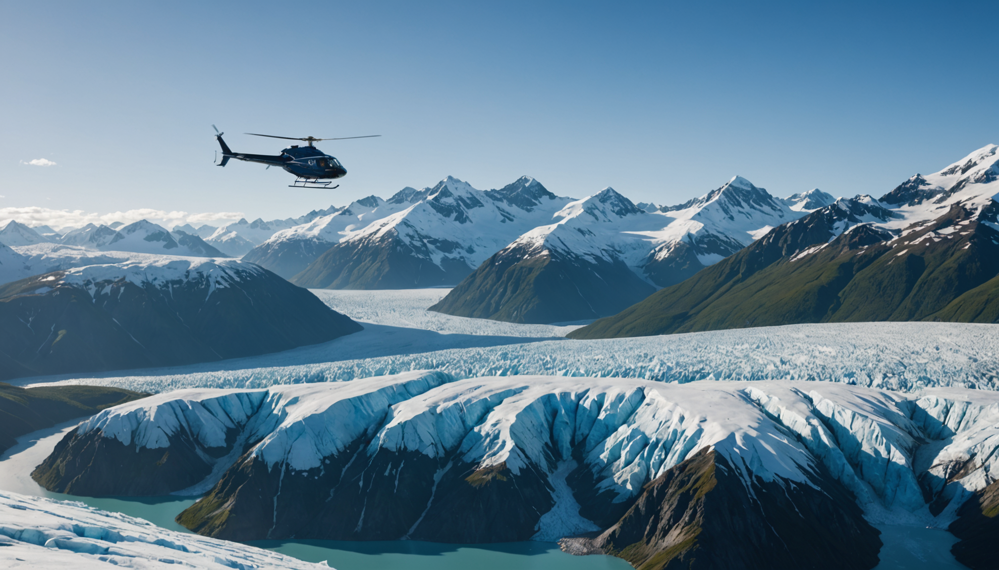 Helicopter flying over Knik Glacier
