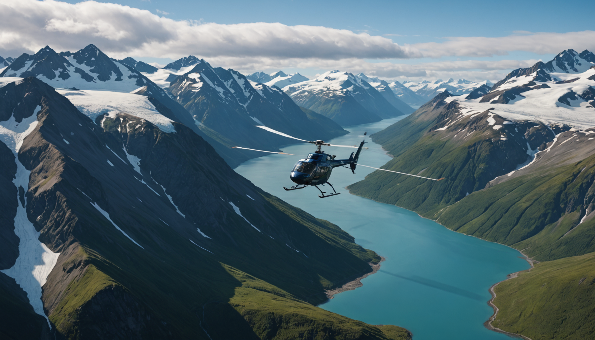 Aerial view of a helicopter flying over the Matanuska Glacier