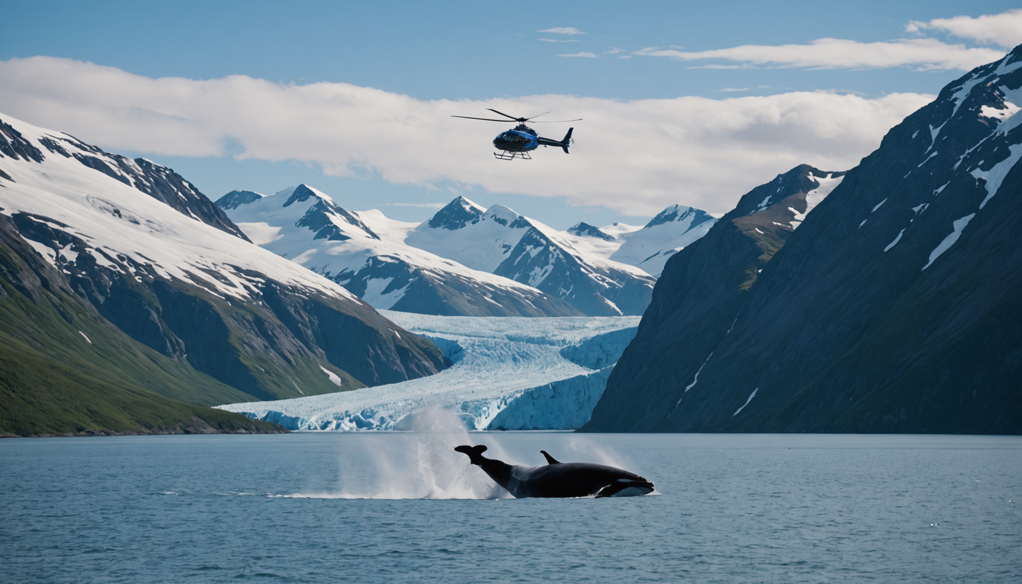 Humpback whales breaching near a small cruise ship in Alaska