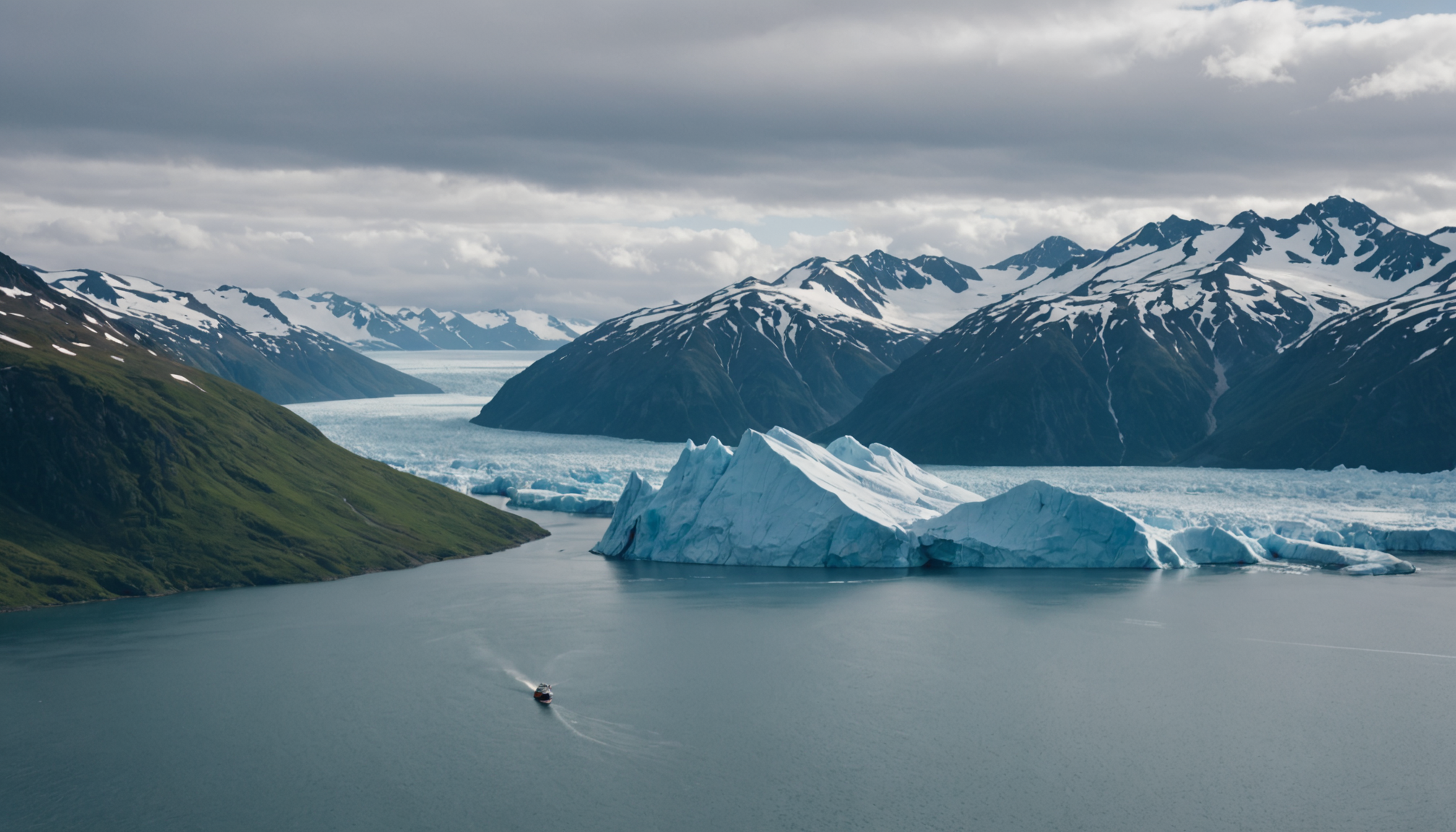 Aerial view of a small ship cruising through the Inside Passage