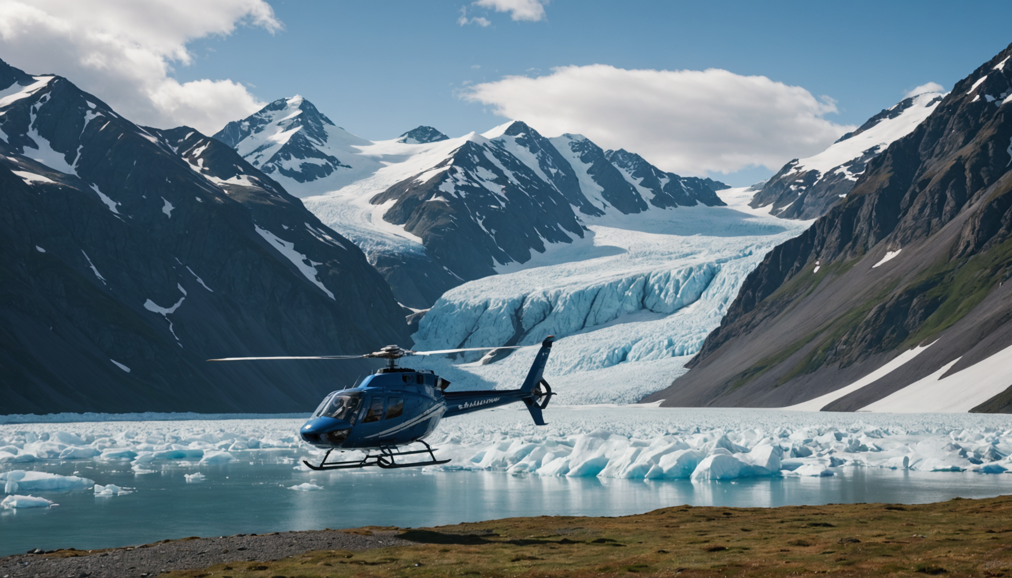 Helicopter landing on a remote Alaskan glacier with passengers disembarking