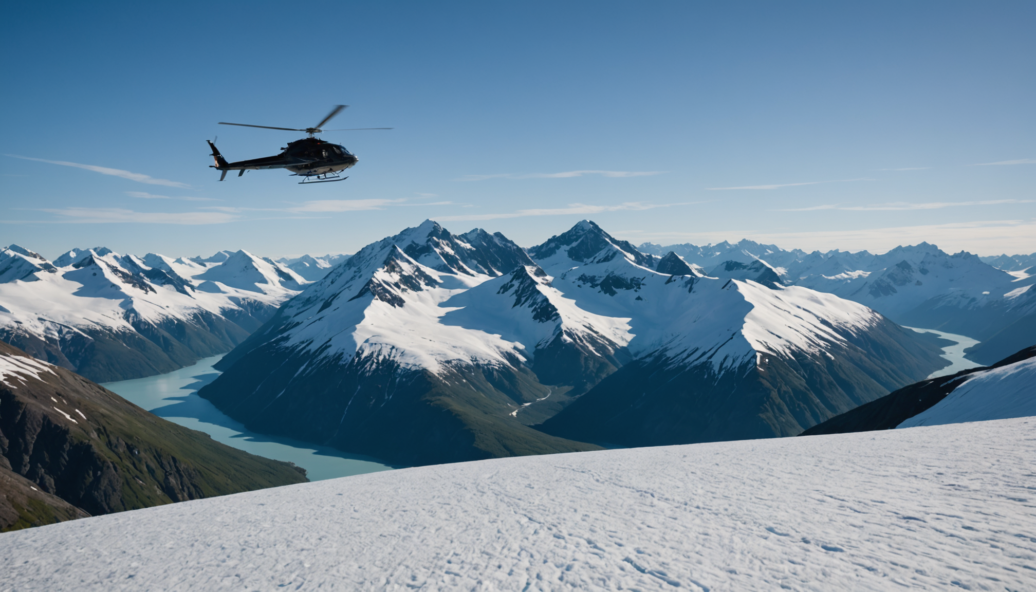 Helicopter flying over Chugach Mountains