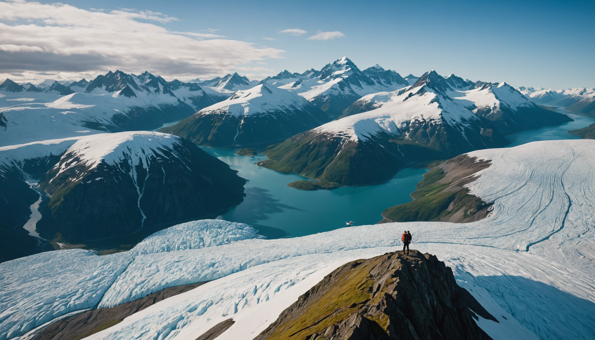 Tourists taking photos from a helicopter over Chugach Mountains