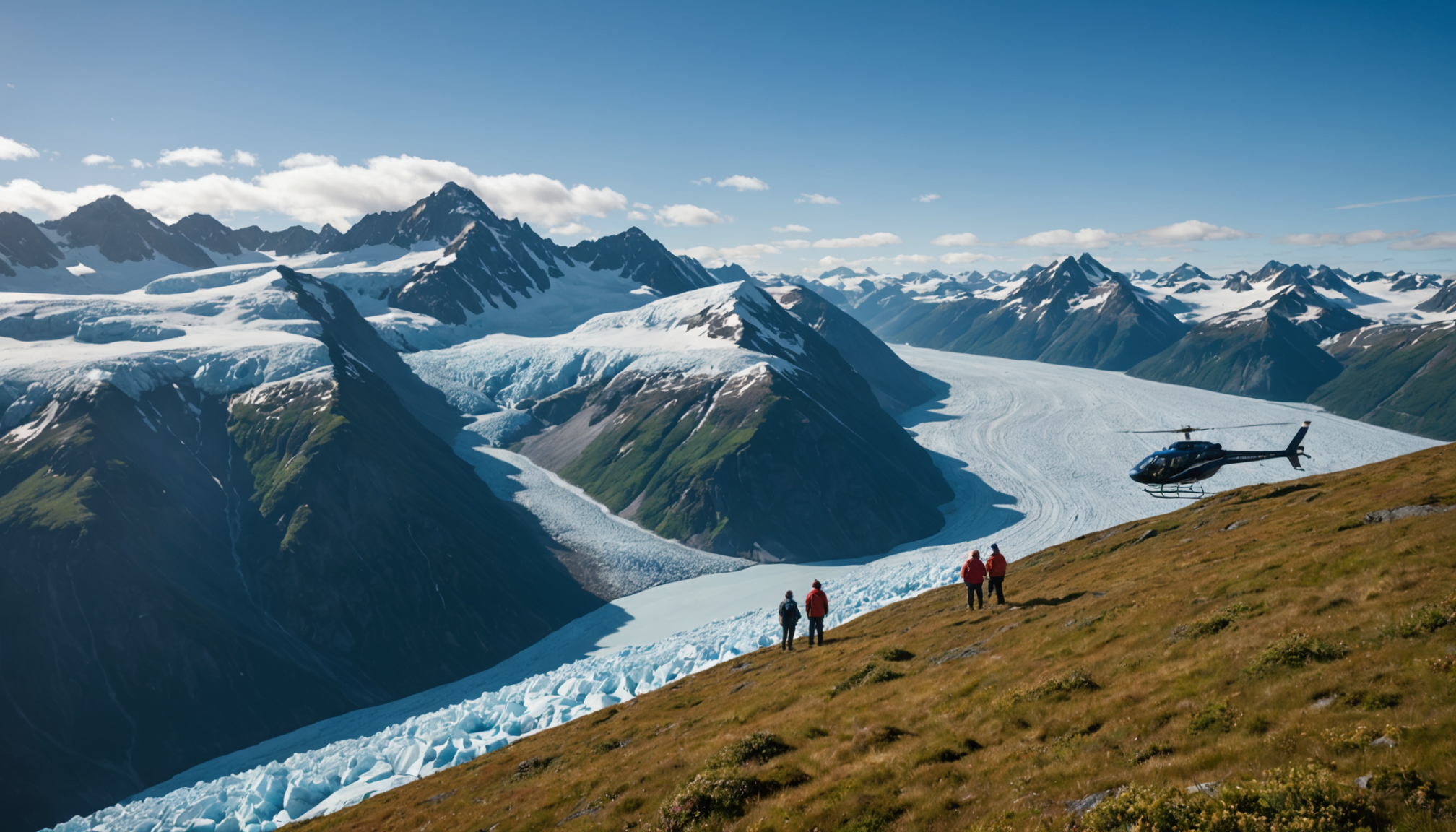 Family enjoying a helicopter tour over Alaska