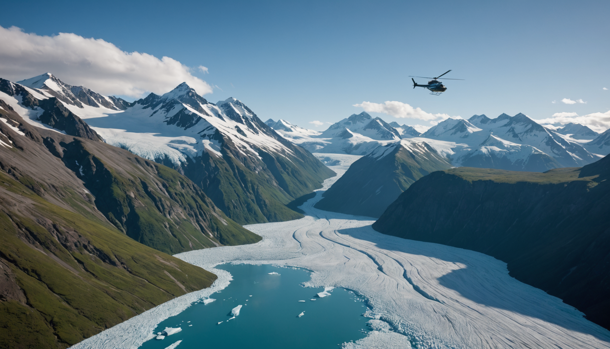 Helicopter flying over Alaskan mountain range