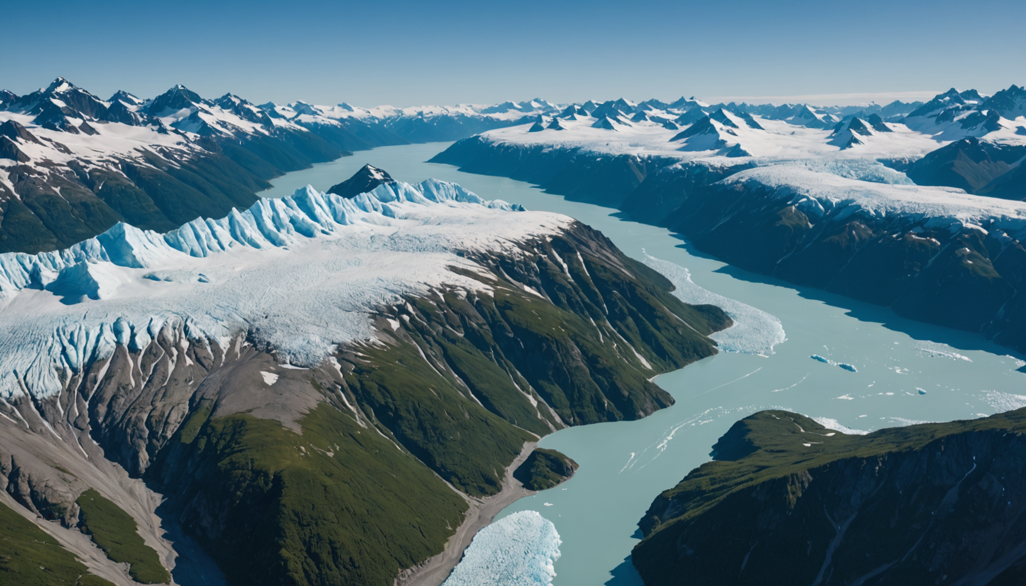 Aerial view of Glacier Bay with a helicopter in the foreground