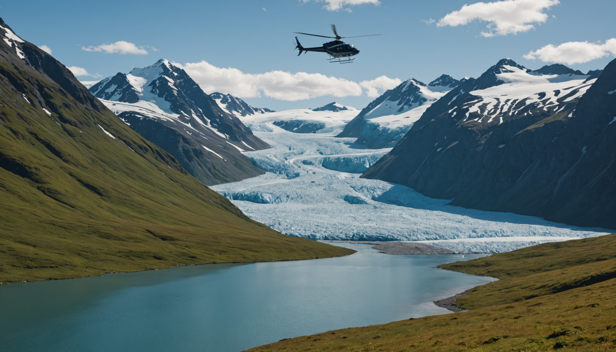 Helicopter landing near a remote Alaskan lake