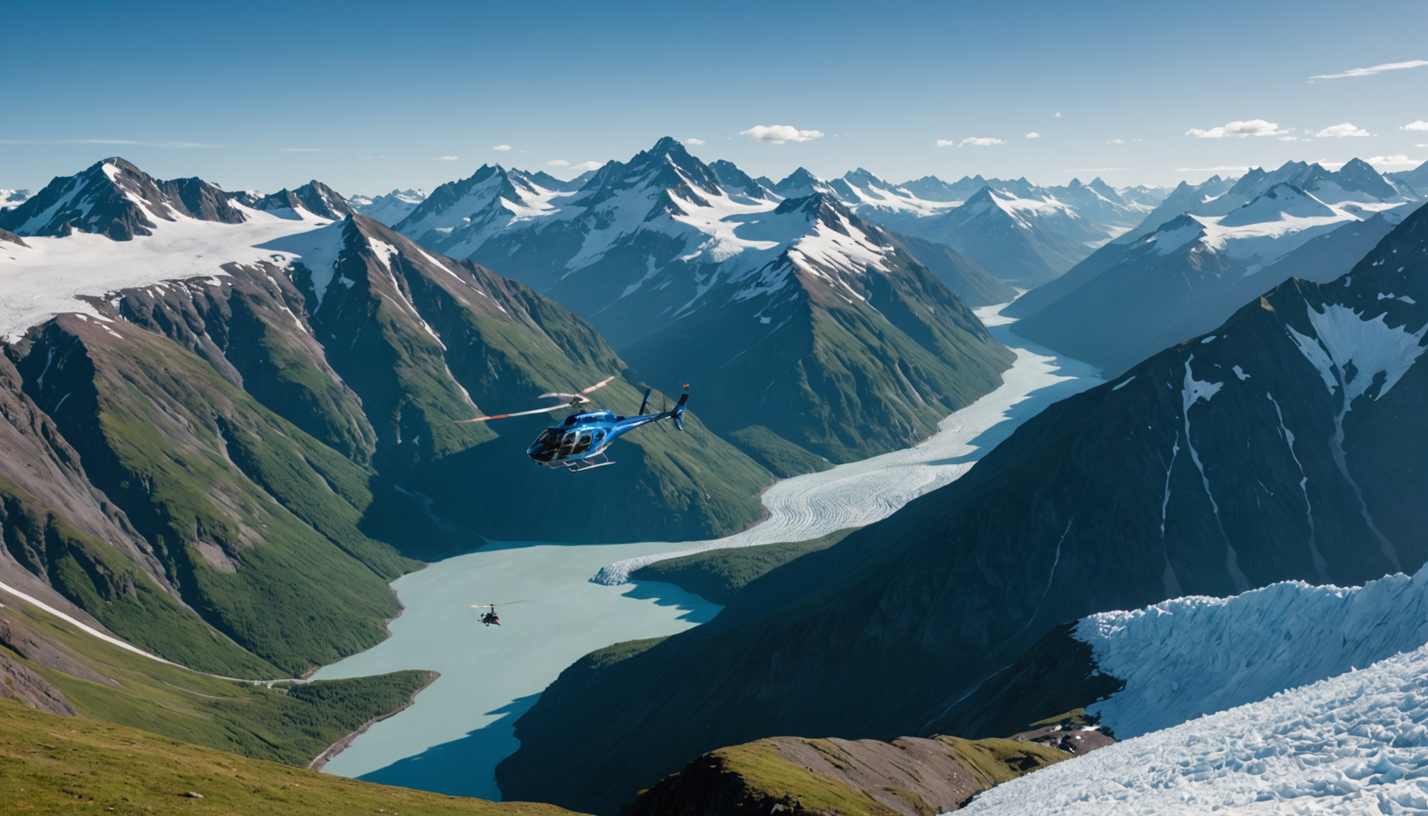 Helicopter flying over Chugach Mountains