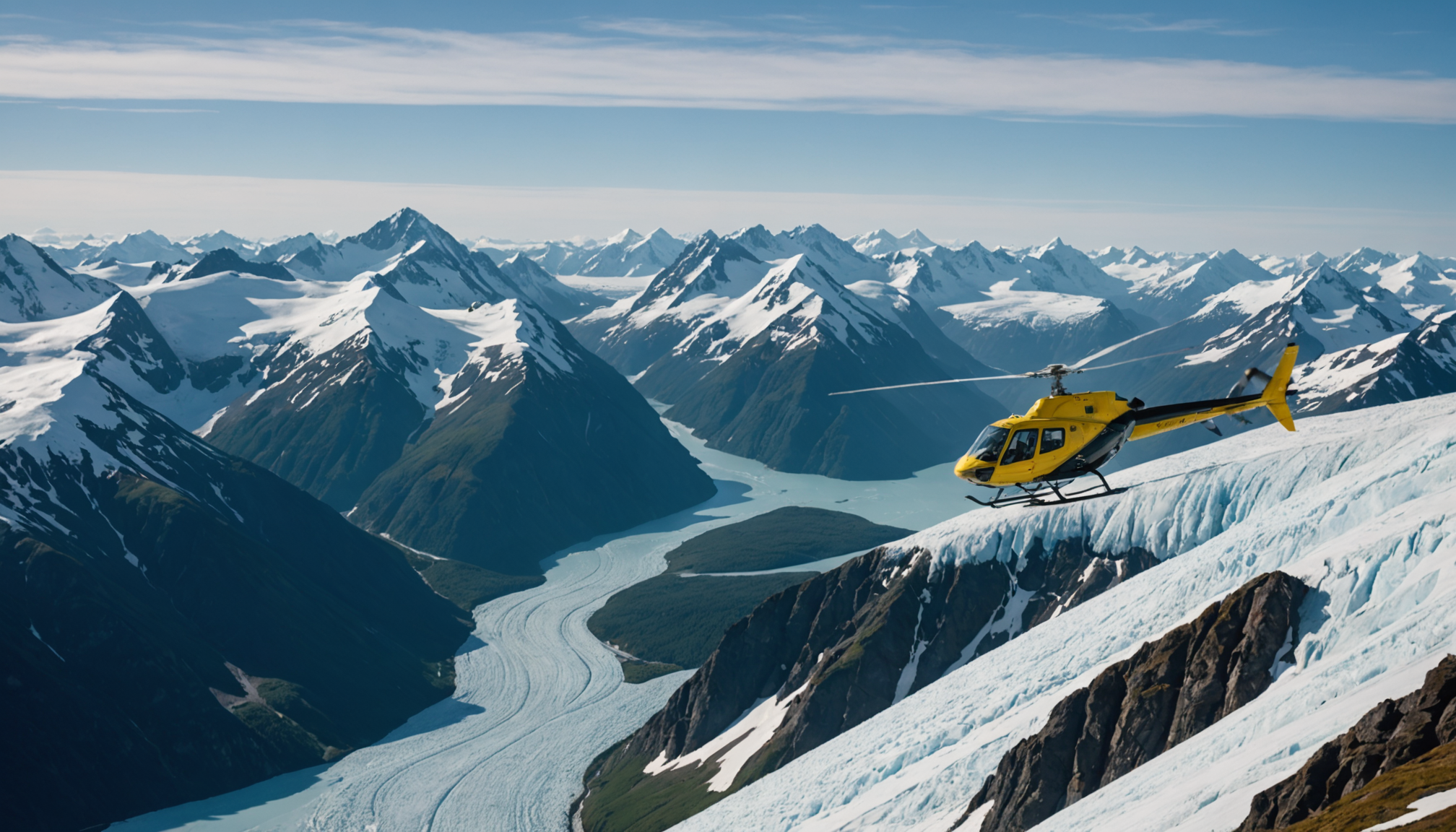 Helicopter flying over the Chugach Mountains in Alaska