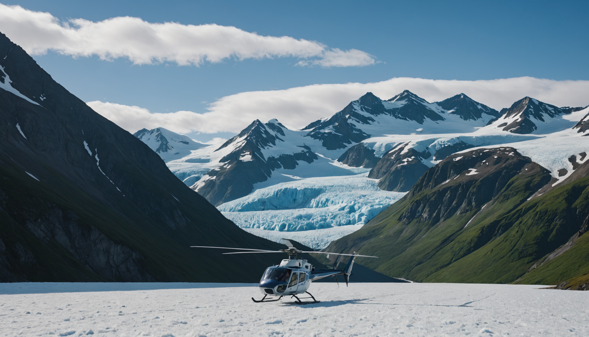 Helicopter landing near a remote Alaskan glacier
