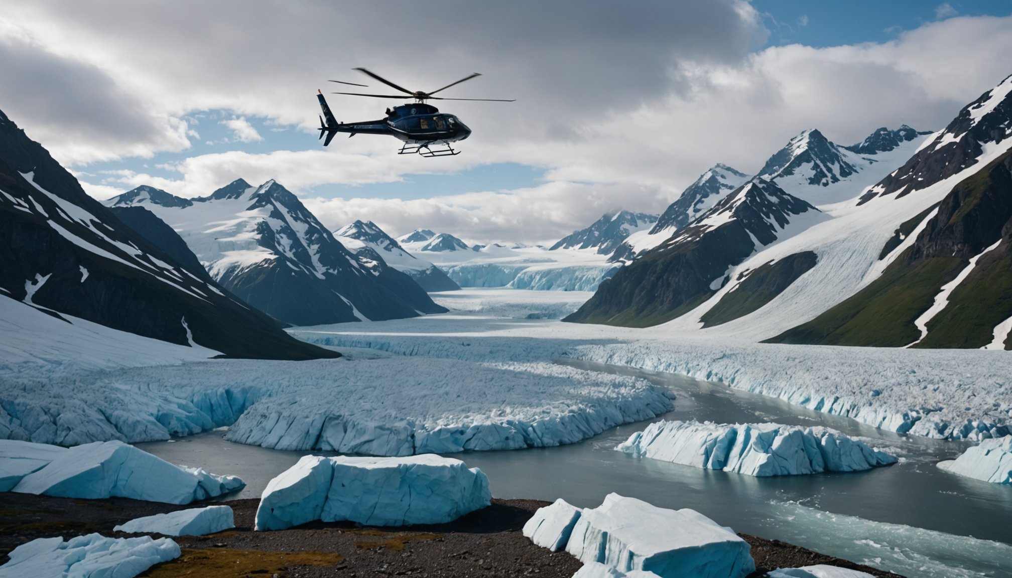 Helicopter landing on a remote Alaskan glacier