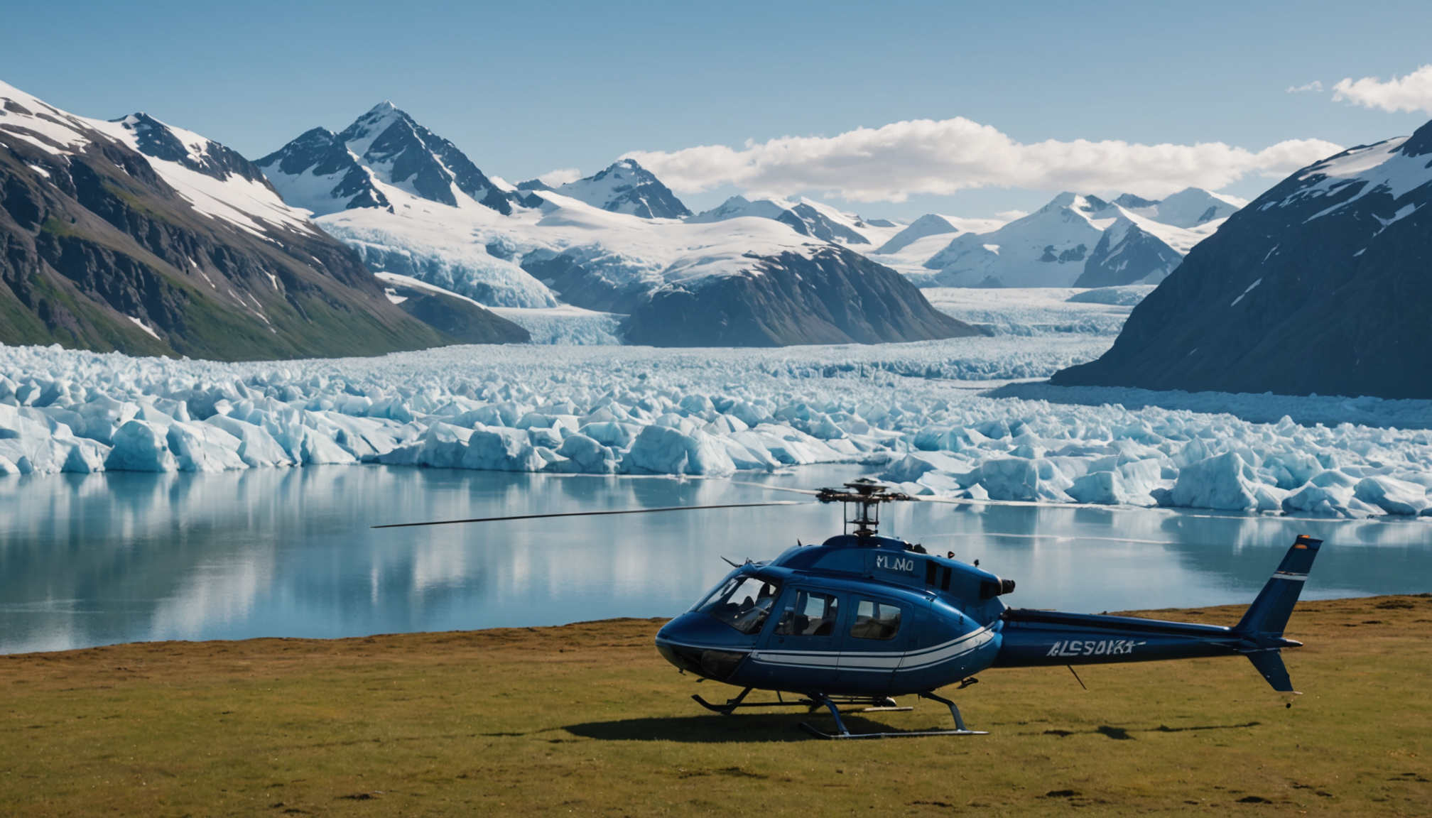 Helicopter landing on a glacier with passengers exploring