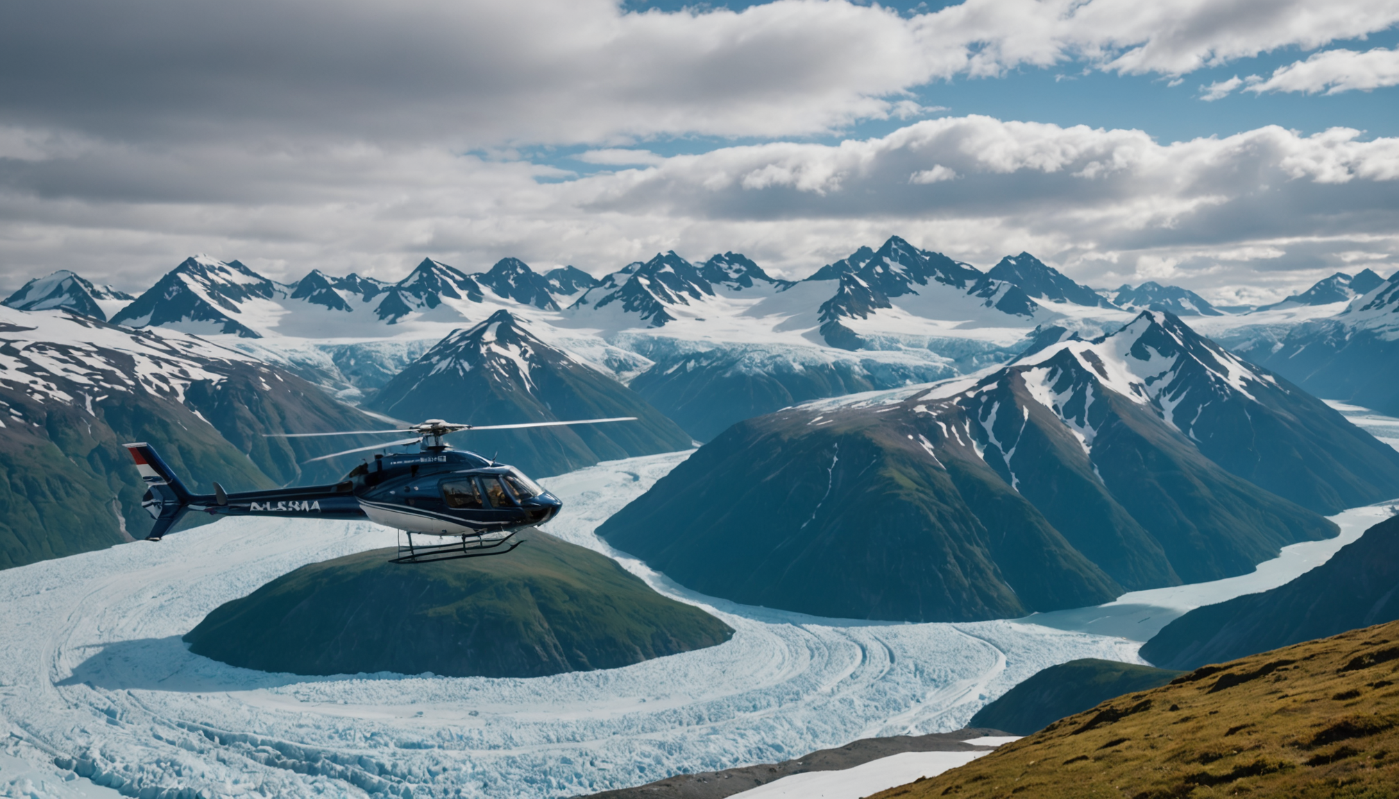 Helicopter flying over a pristine Alaskan landscape with snow-capped mountains.