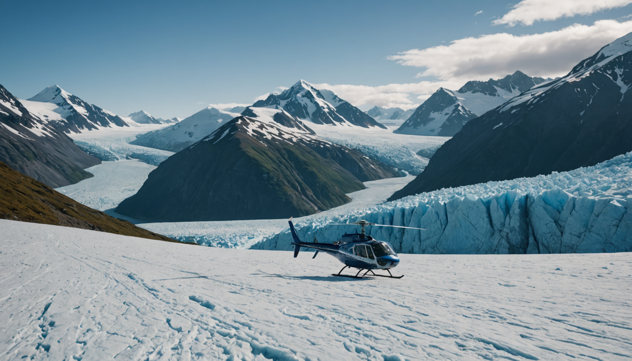 Helicopter landing on a pristine Alaskan glacier