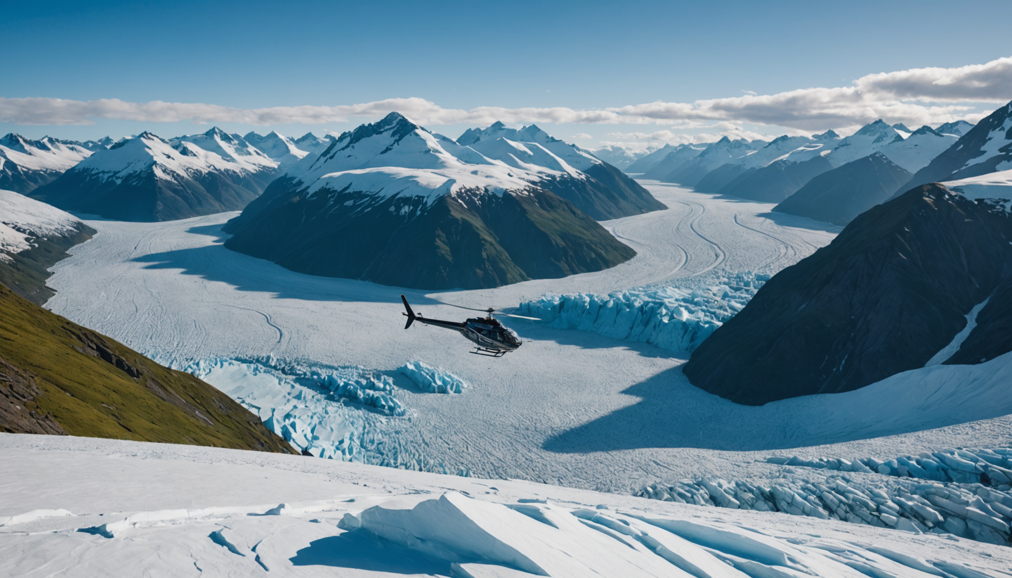 Helicopter over Knik Glacier with a cruise ship in background