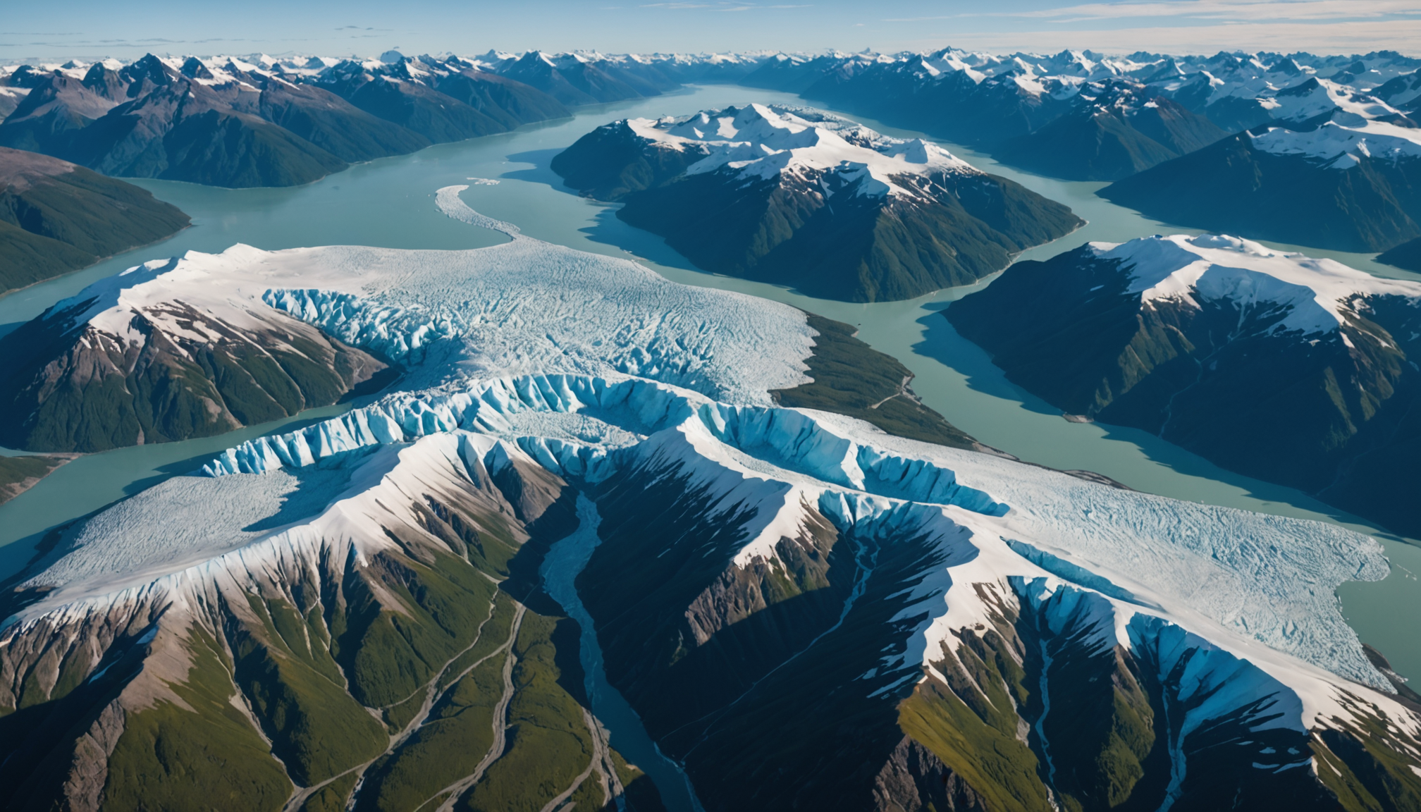 Aerial view of Knik Glacier with a helicopter in the foreground