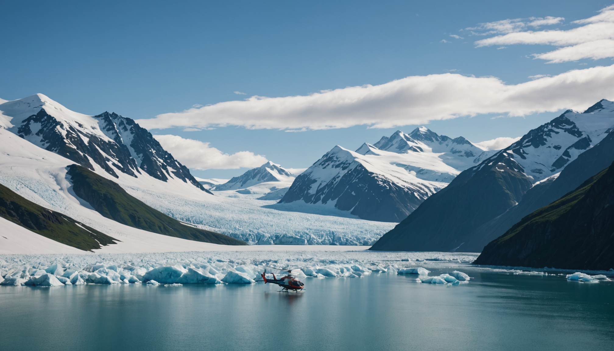 A small ship navigating through a narrow Alaskan fjord, with snow-capped mountains in the background