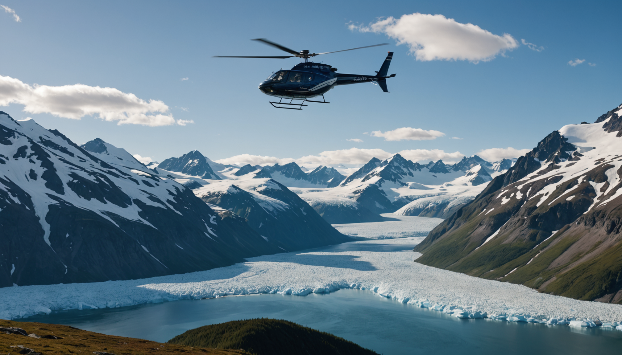 A helicopter soaring over the majestic Knik Glacier