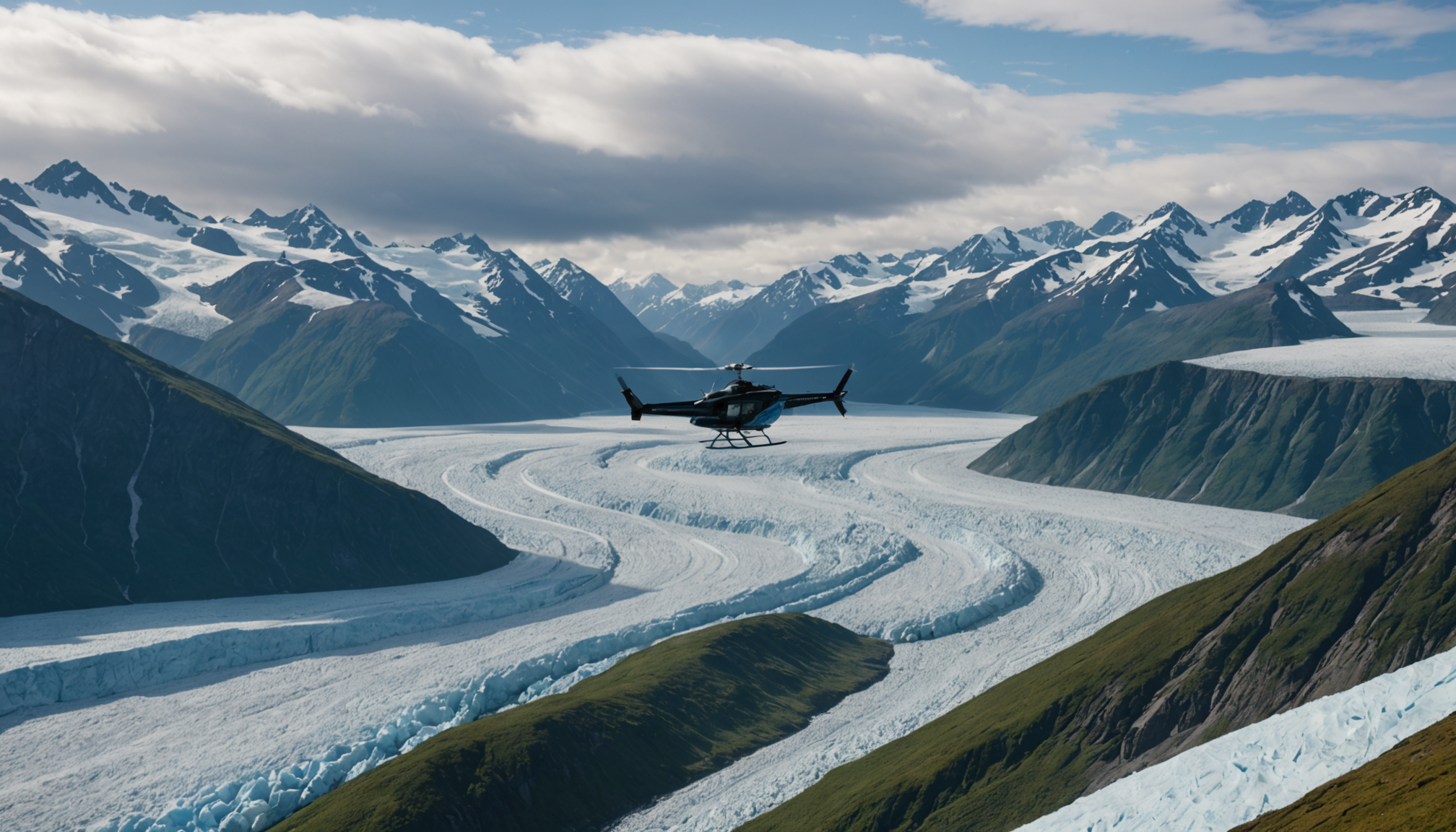 Helicopter flying over Knik Glacier
