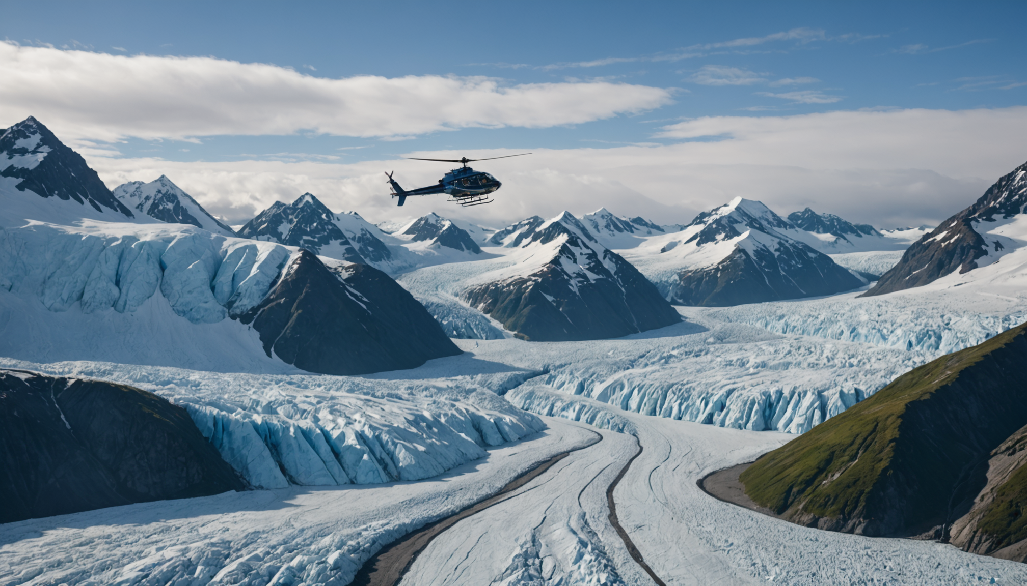 Helicopter flying over Knik Glacier