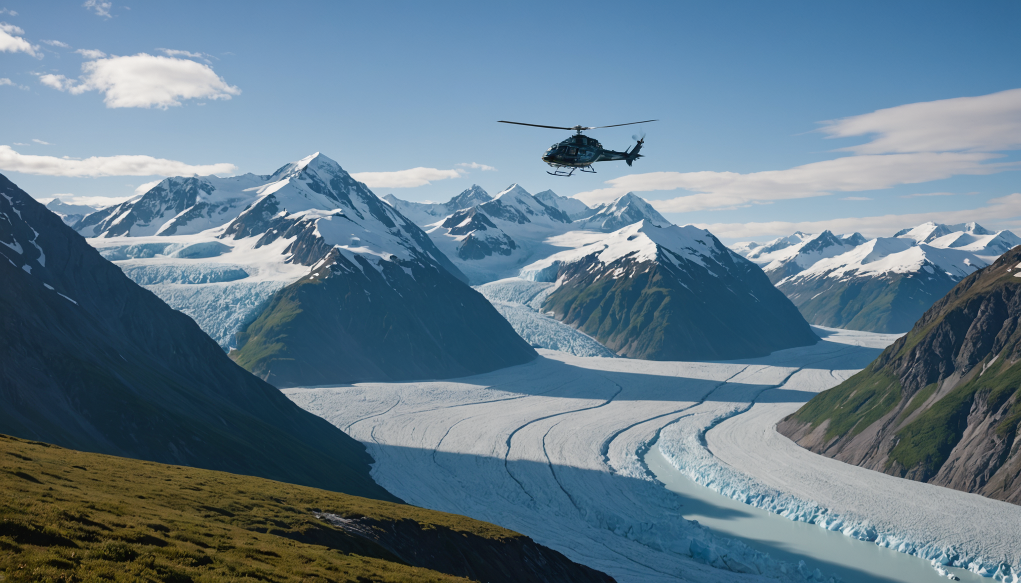 Helicopter flying over Knik Glacier