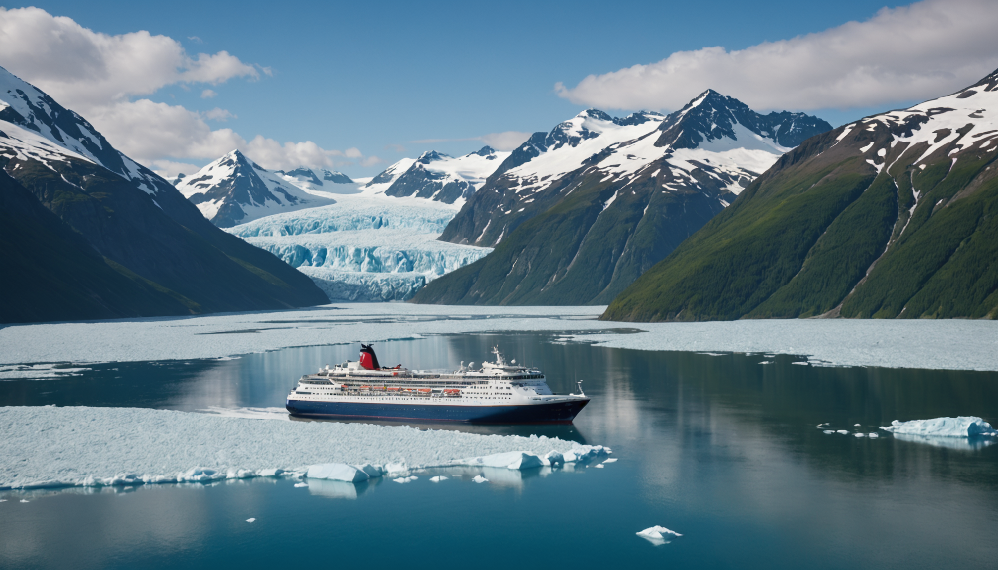 Aerial view of a cruise ship navigating through the icy waters of Prince William Sound.