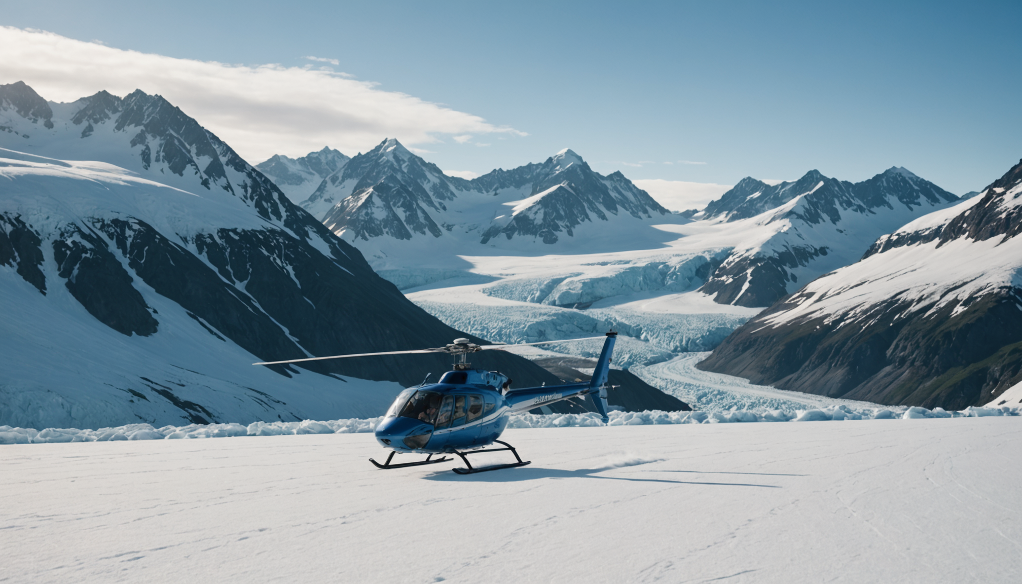 Helicopter landing on a snow-covered Alaskan mountain