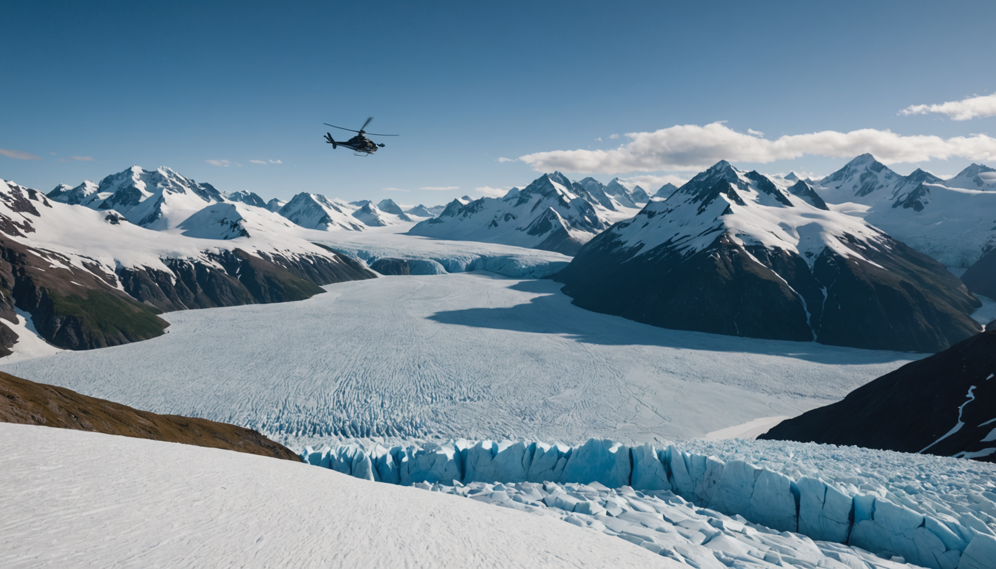 Helicopter landing on a glacier