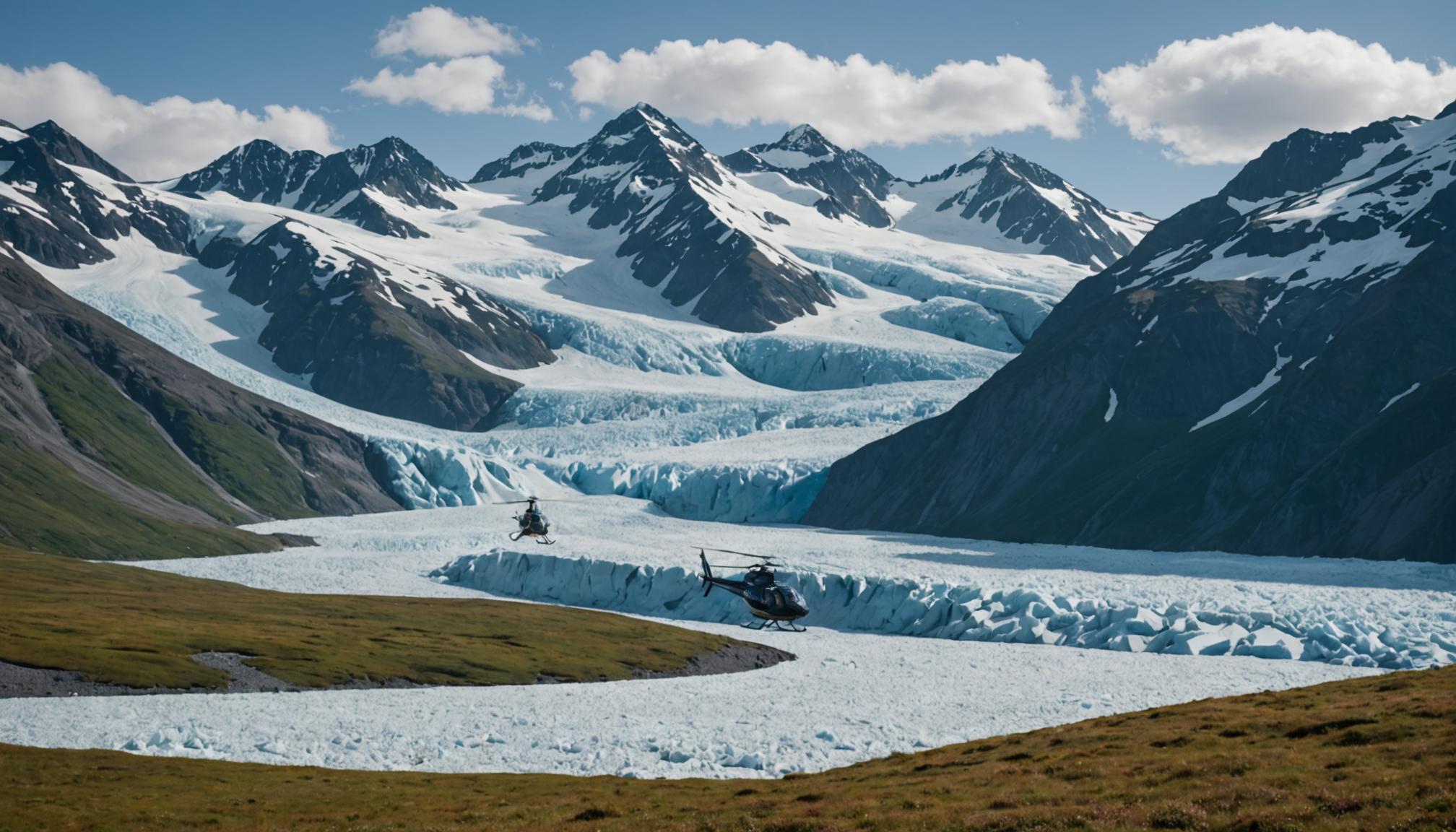 Helicopter landing near a picturesque Alaskan glacier
