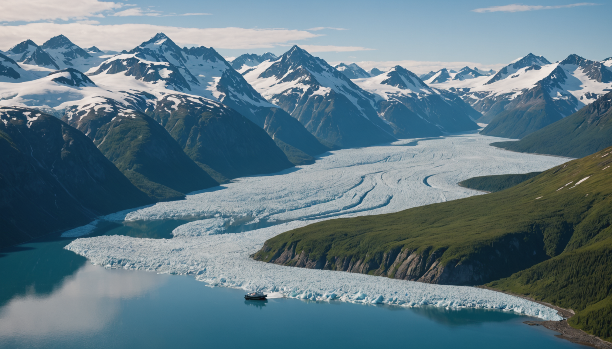 Aerial view of a small ship cruise near a glacier in Alaska