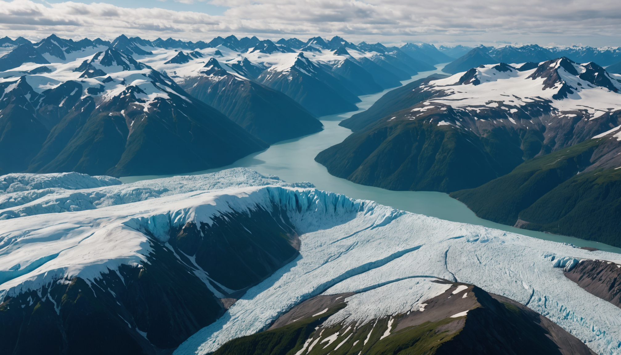 View from a helicopter of Alaskan mountains and glaciers