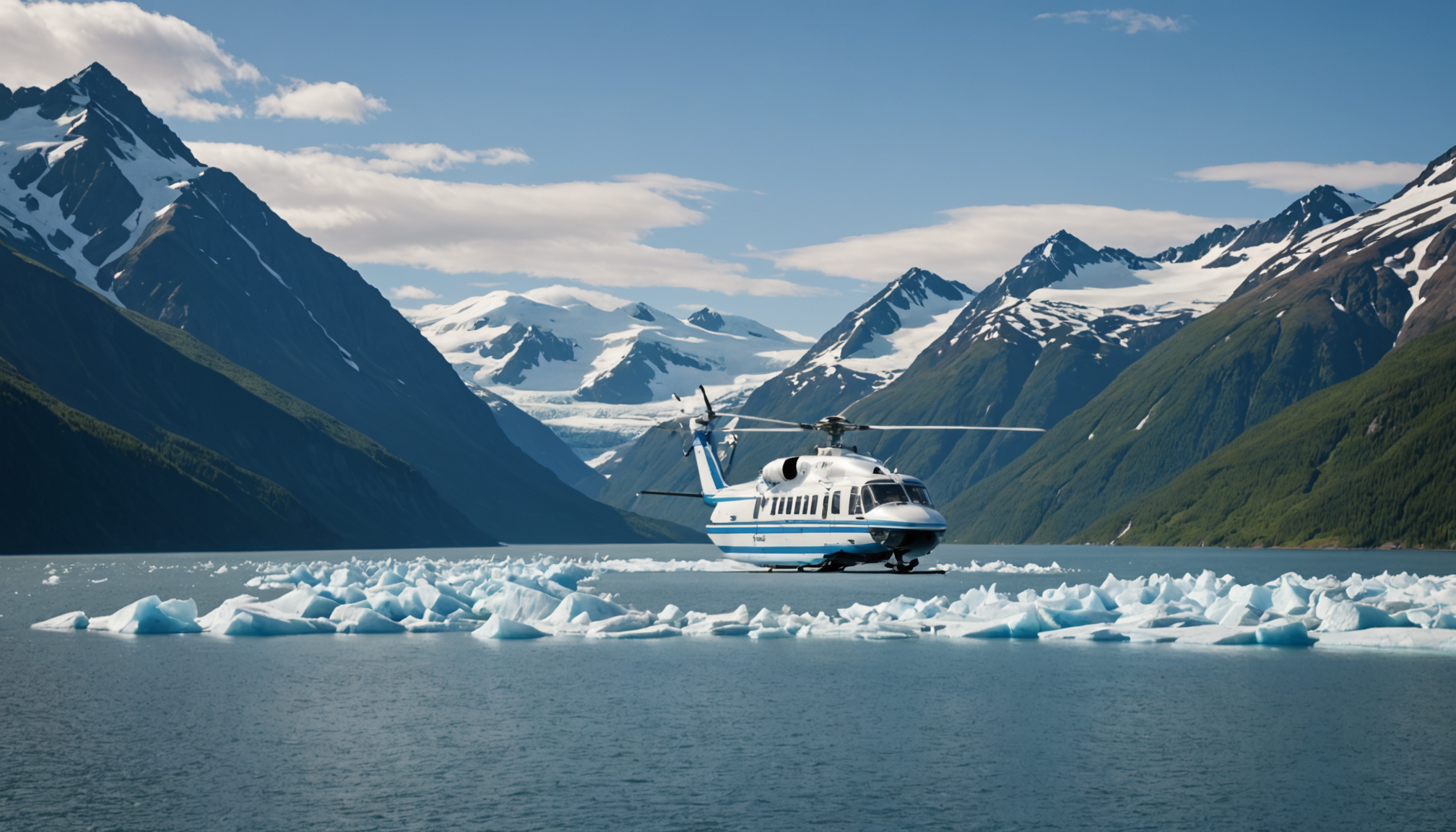 A small cruise ship navigating through Prince William Sound with snow-capped mountains in the background