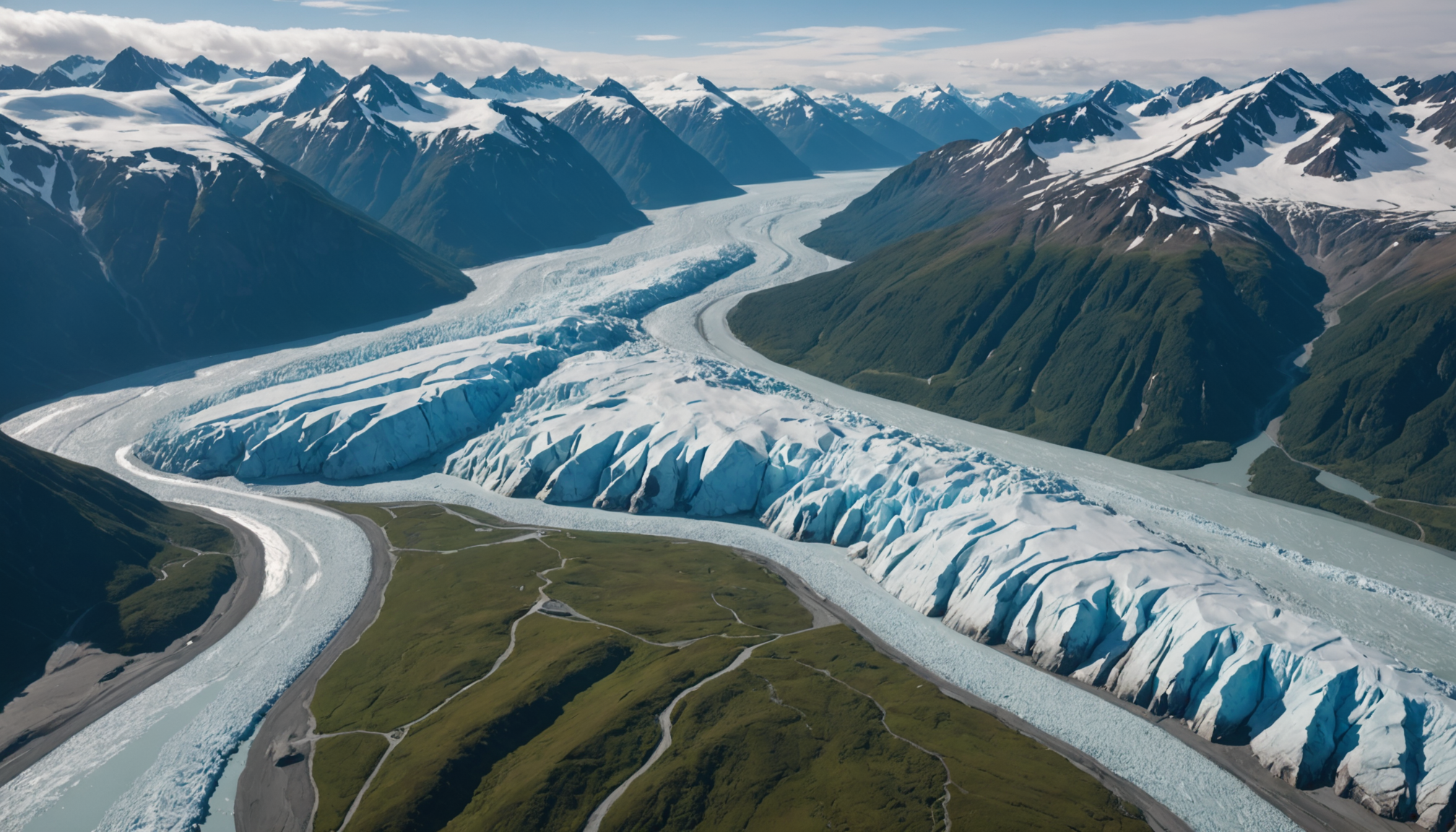 Aerial view of Knik Glacier with a helicopter in the foreground