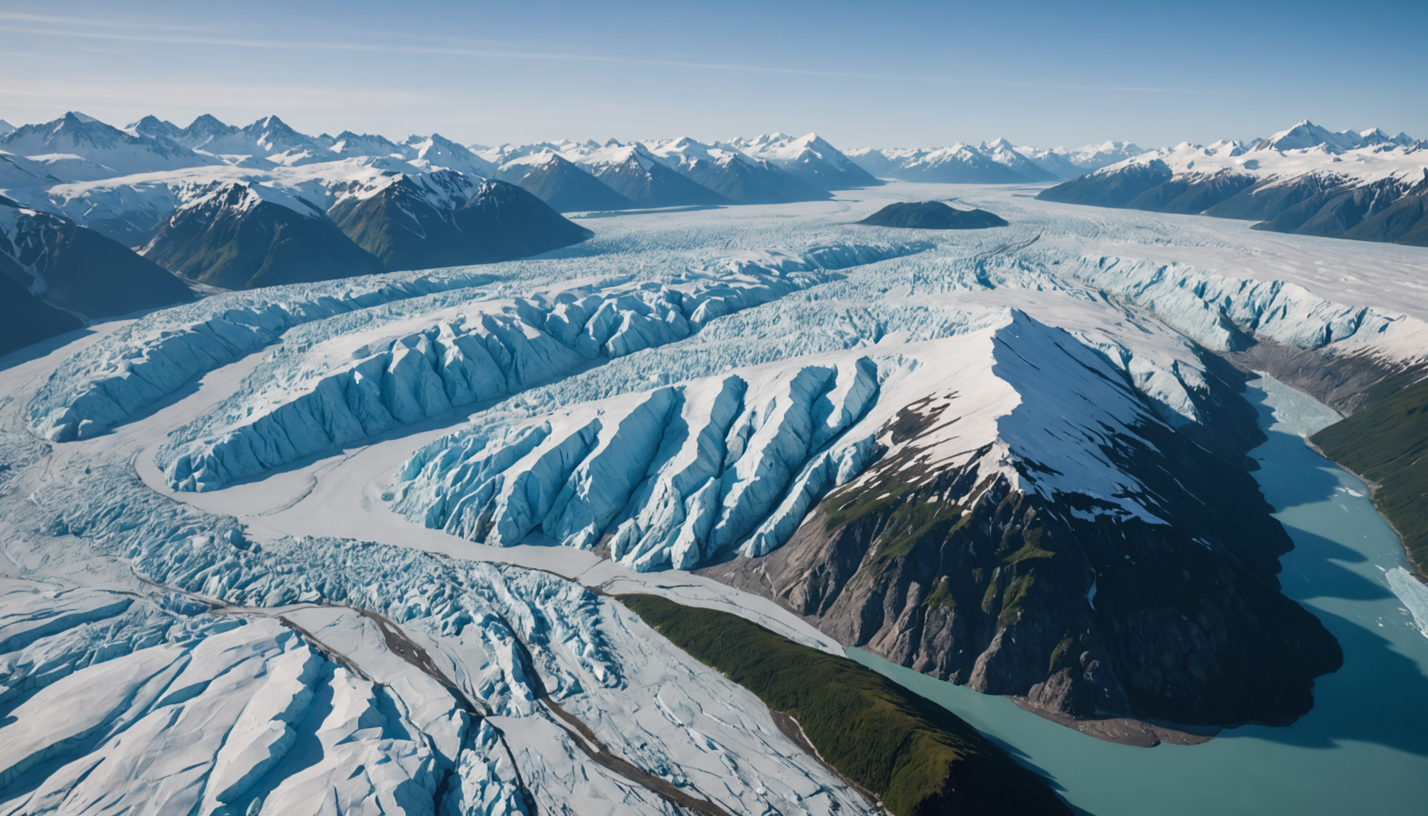Aerial view of Knik Glacier with a small ship cruising nearby, showcasing the vastness of the Alaskan landscape