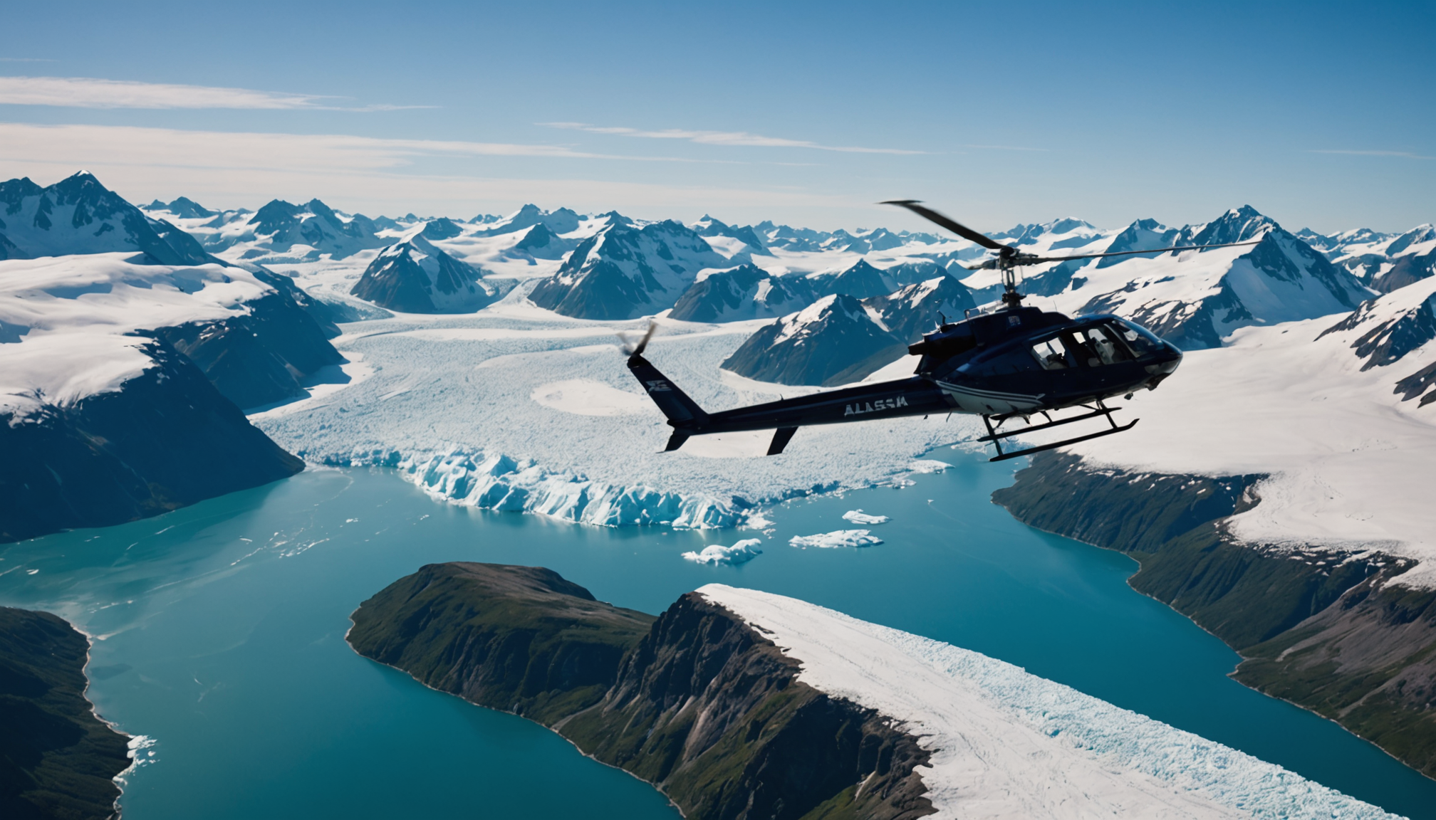 Helicopter flying over Prince William Sound