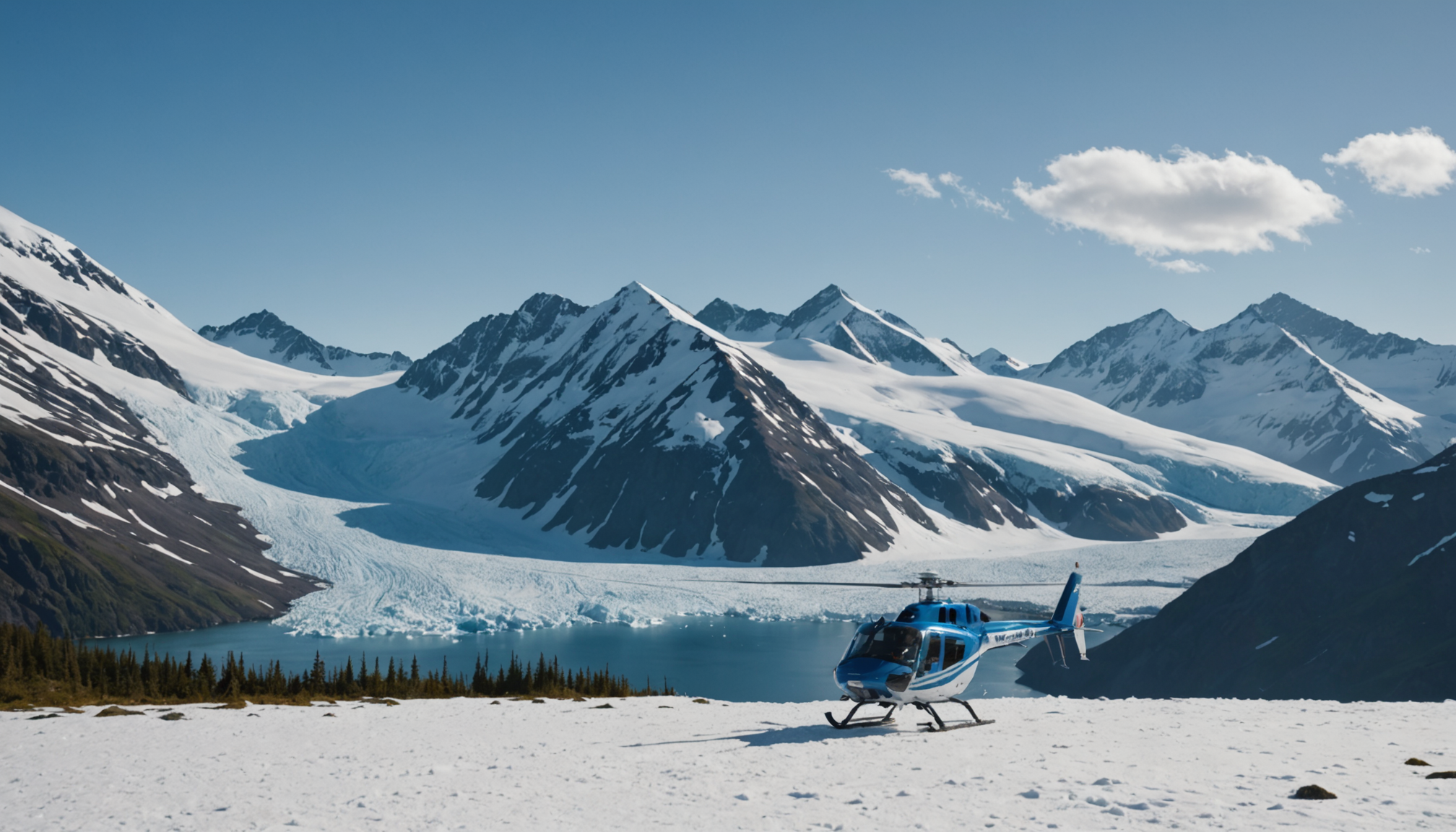 Helicopter landing on a snow-capped mountain in Alaska