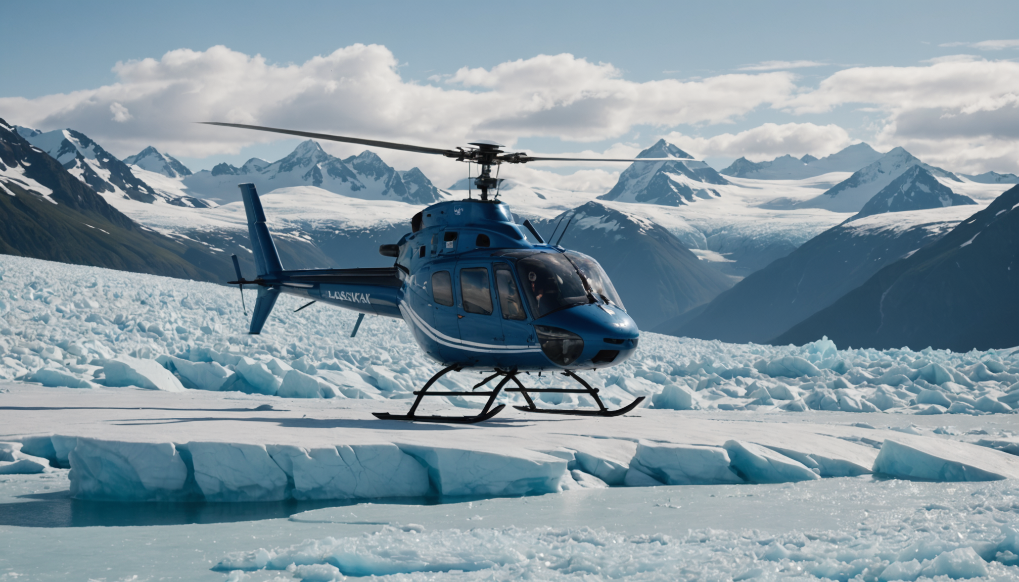 Helicopter landing on a glacier in the Chugach Mountains