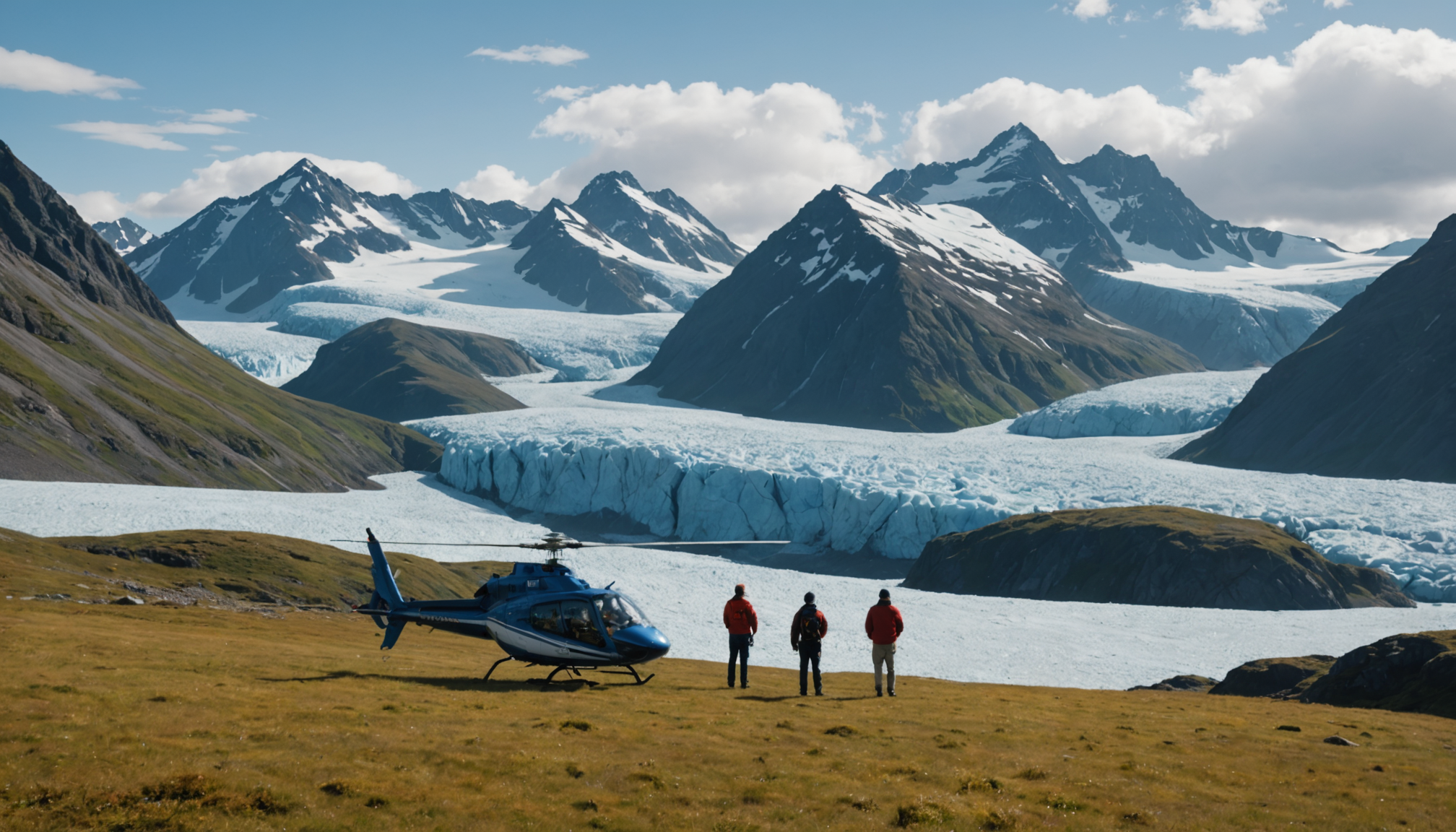 Tourists preparing for a helicopter tour in Alaska