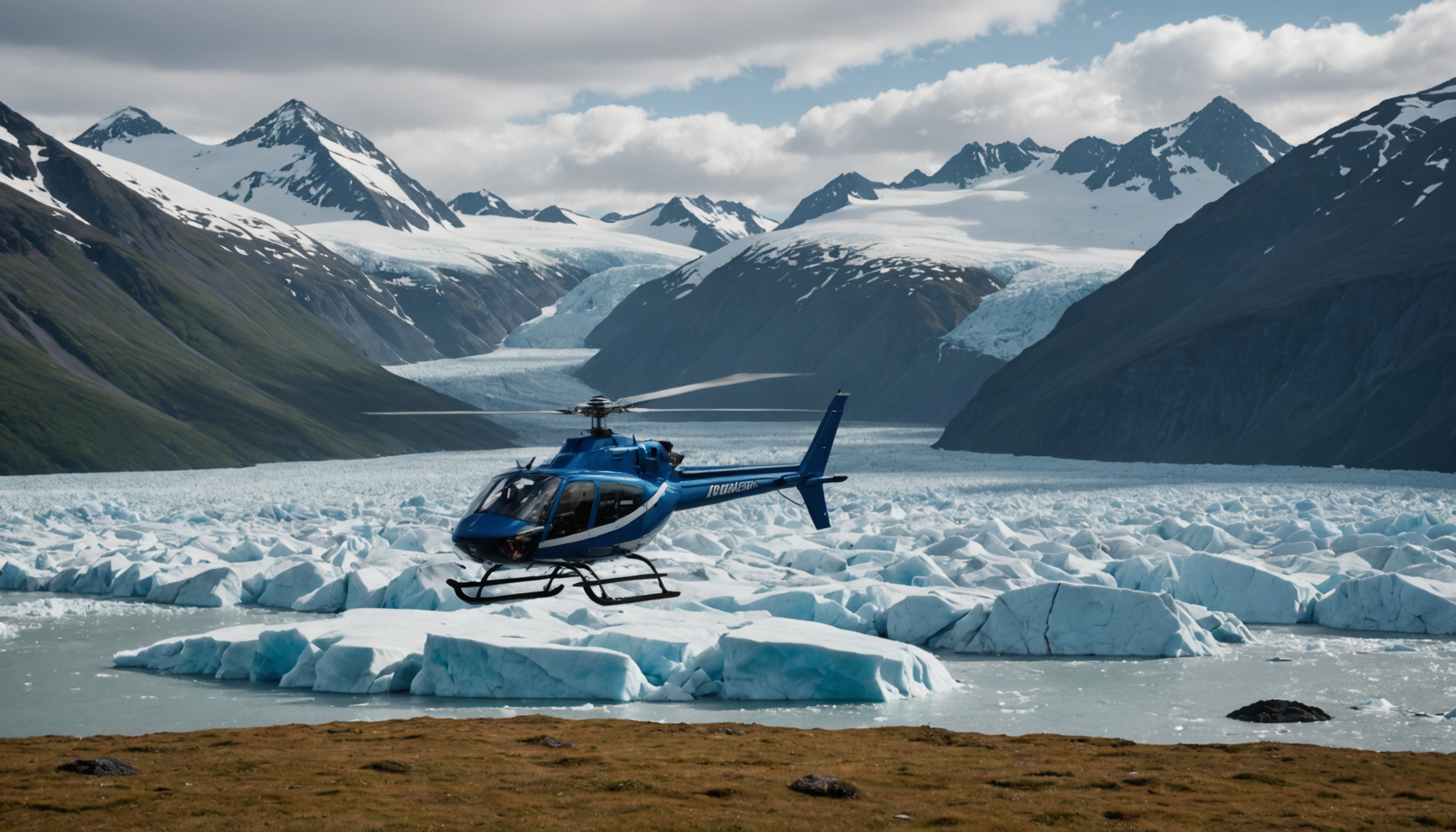 A helicopter landing on a glacier with passengers disembarking