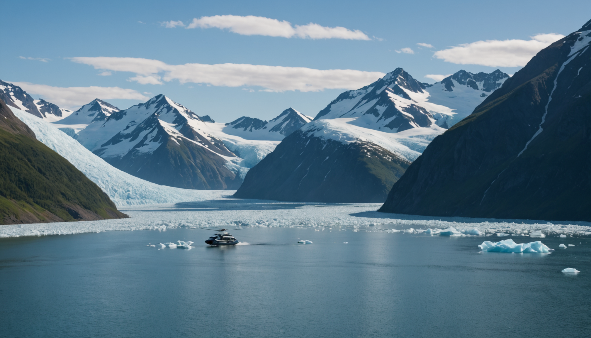 Small ship cruising through Prince William Sound