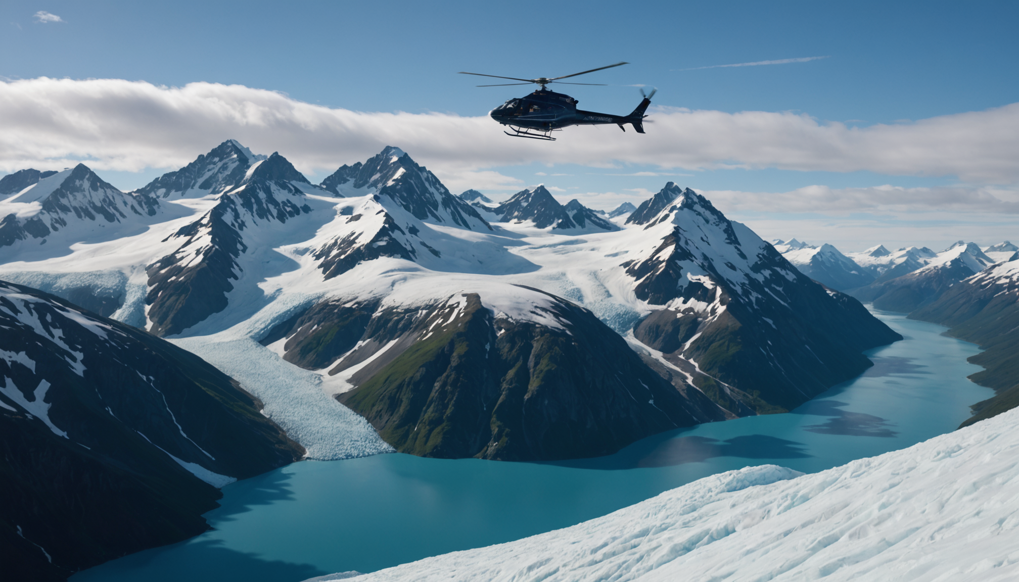 Helicopter flying over Prince William Sound