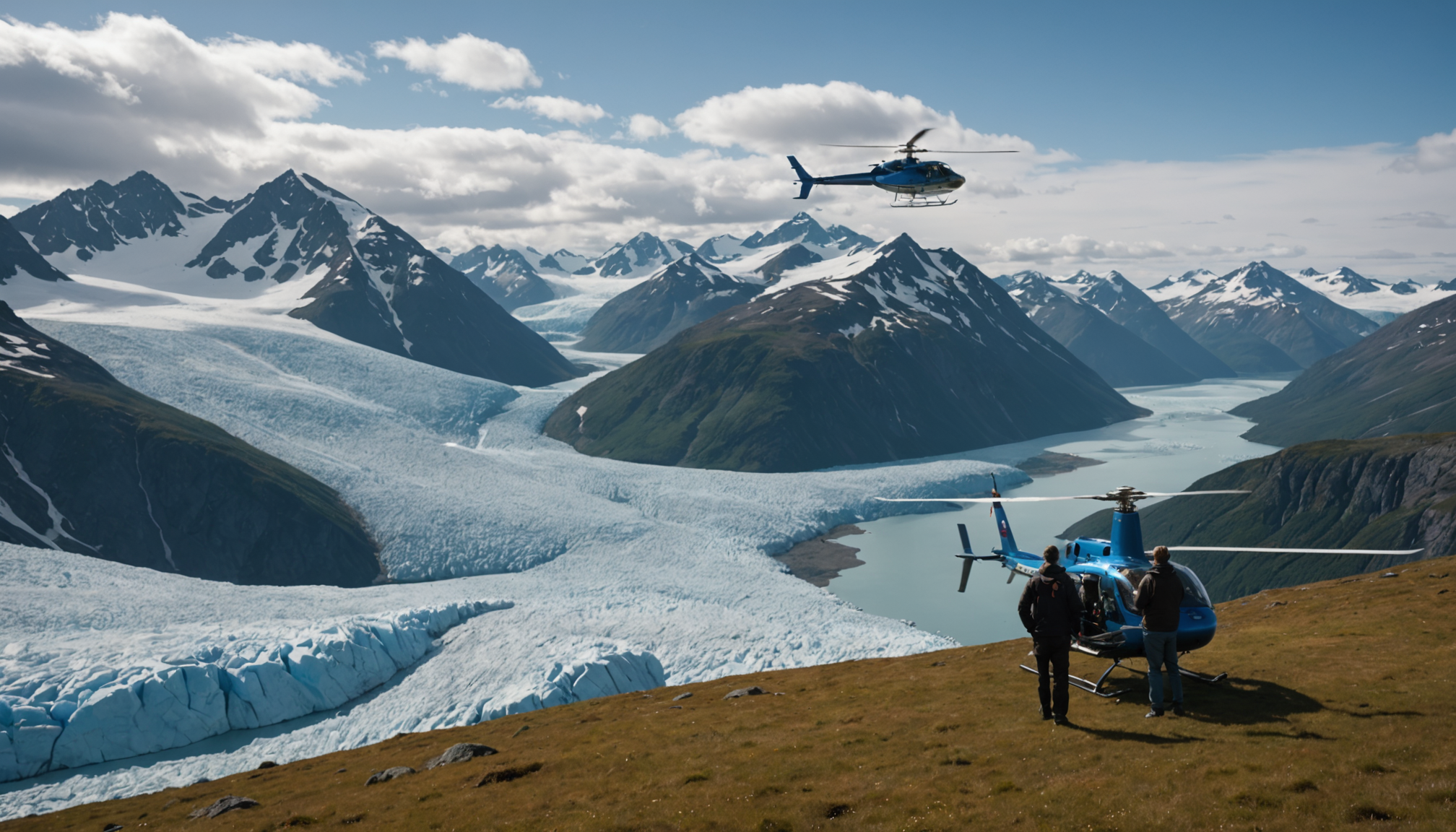 Family enjoying a helicopter tour above the Alaskan wilderness