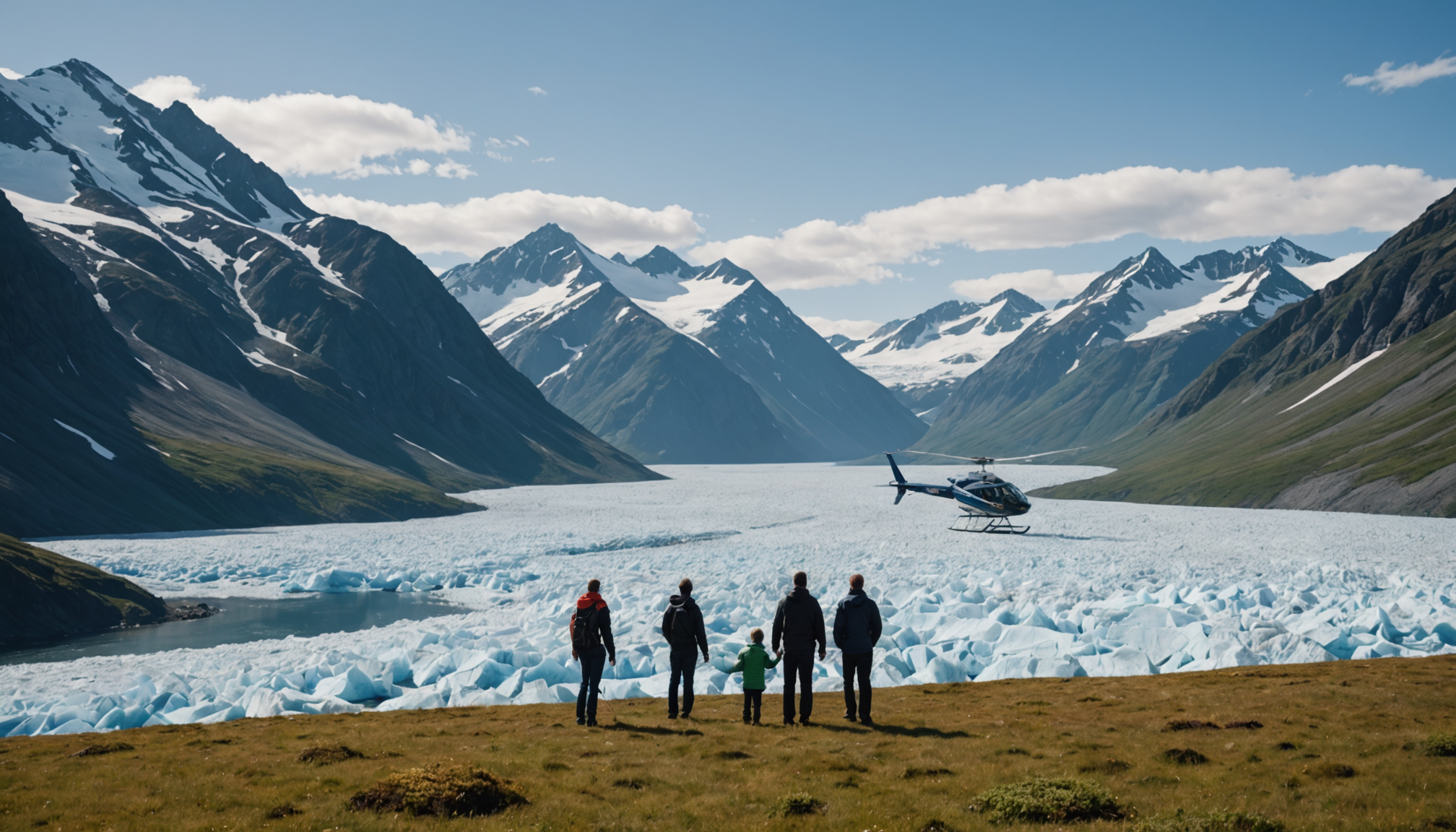 Family enjoying a view of the Chugach Mountains from a helicopter