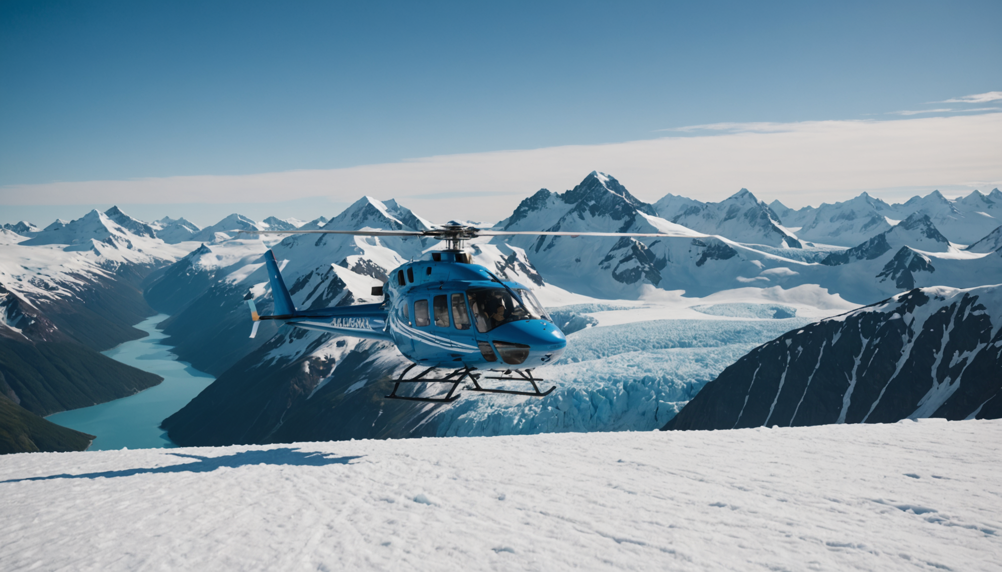 Helicopter landing on a snowy Alaskan peak