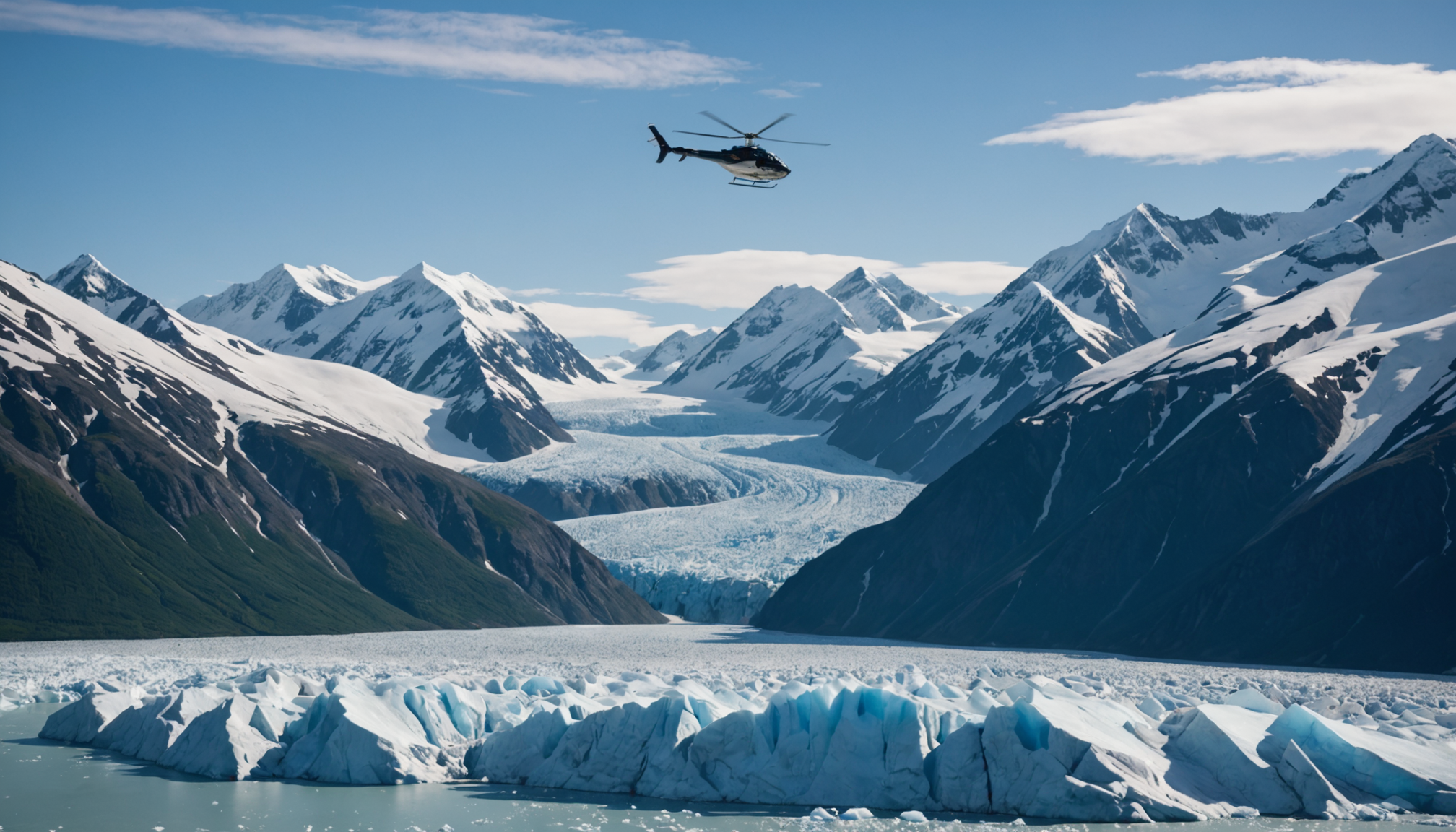 Helicopter flying over Knik Glacier